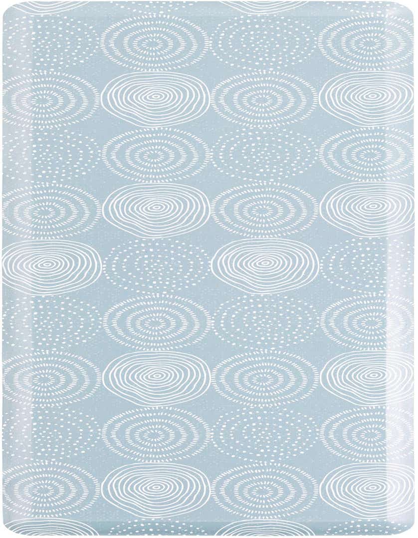 A 2x5 rectangular blue Comfort Mat rug with a modern abstract pattern of white concentric circles and dotted spirals.
