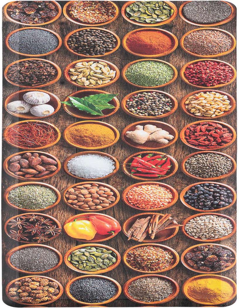 A rectangular 2x5 multi-colored rug featuring a modern pattern of various spices in wooden bowls on a rustic wooden background.