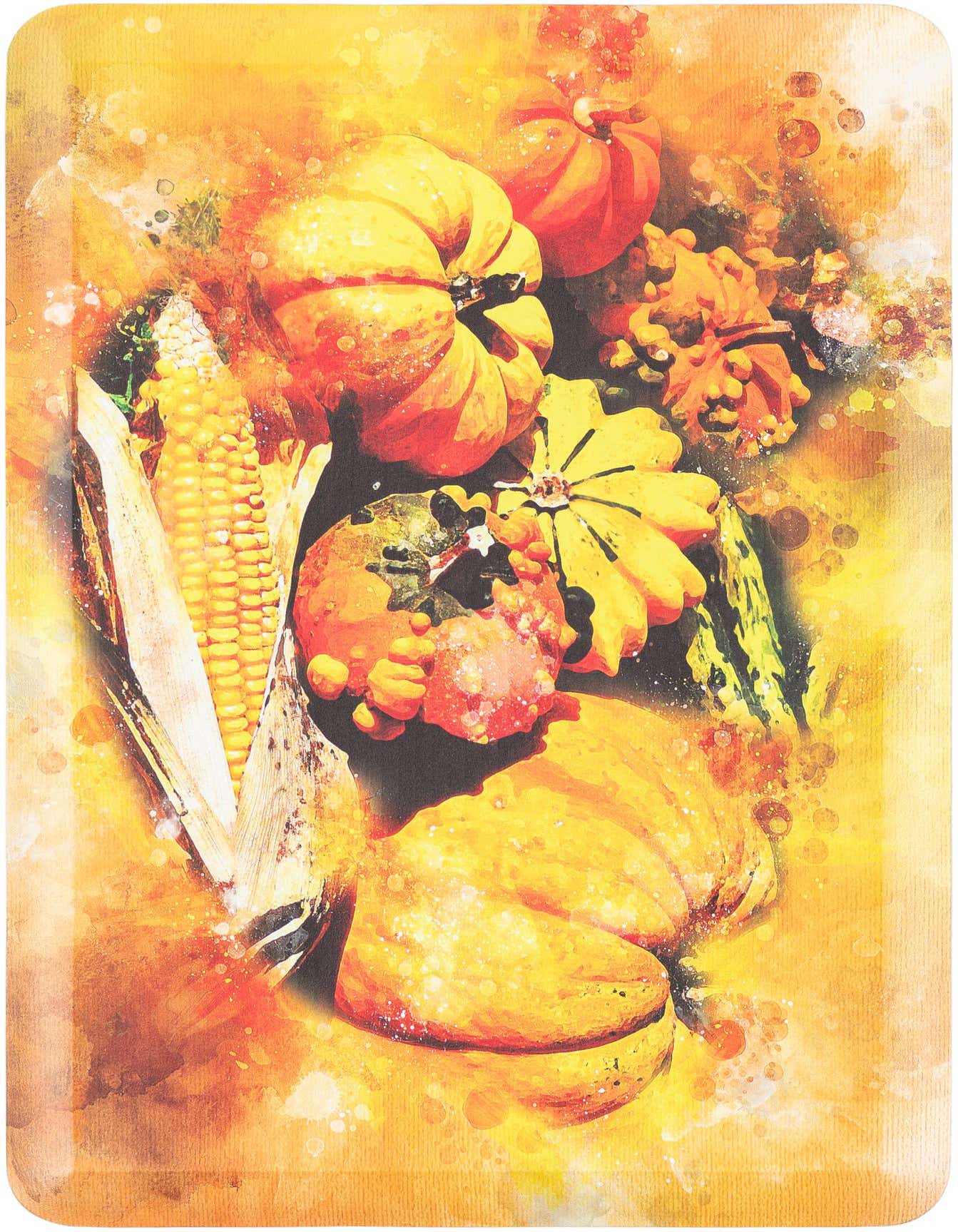 A vibrant 2x3 rectangular rug featuring an autumn harvest design with pumpkins, gourds, and corn in warm multi-colors.