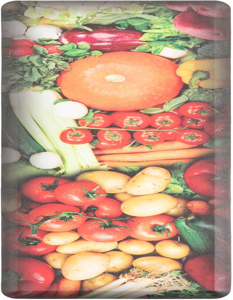 A vibrant 2x5 rectangular kitchen comfort mat featuring a colorful, detailed print of various fresh vegetables like tomatoes, potatoes, celery, and squash.