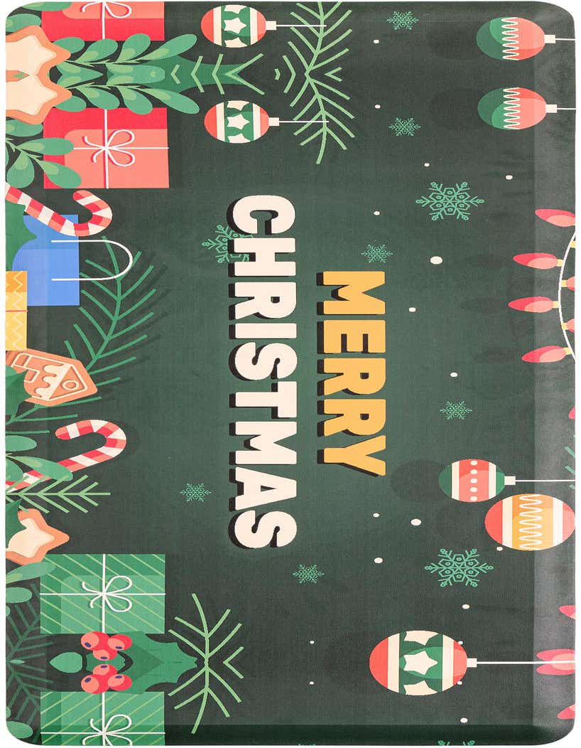 A rectangular green Christmas-themed mat featuring 'MERRY CHRISTMAS' text, gifts, candy canes, ornaments, and snowflakes.