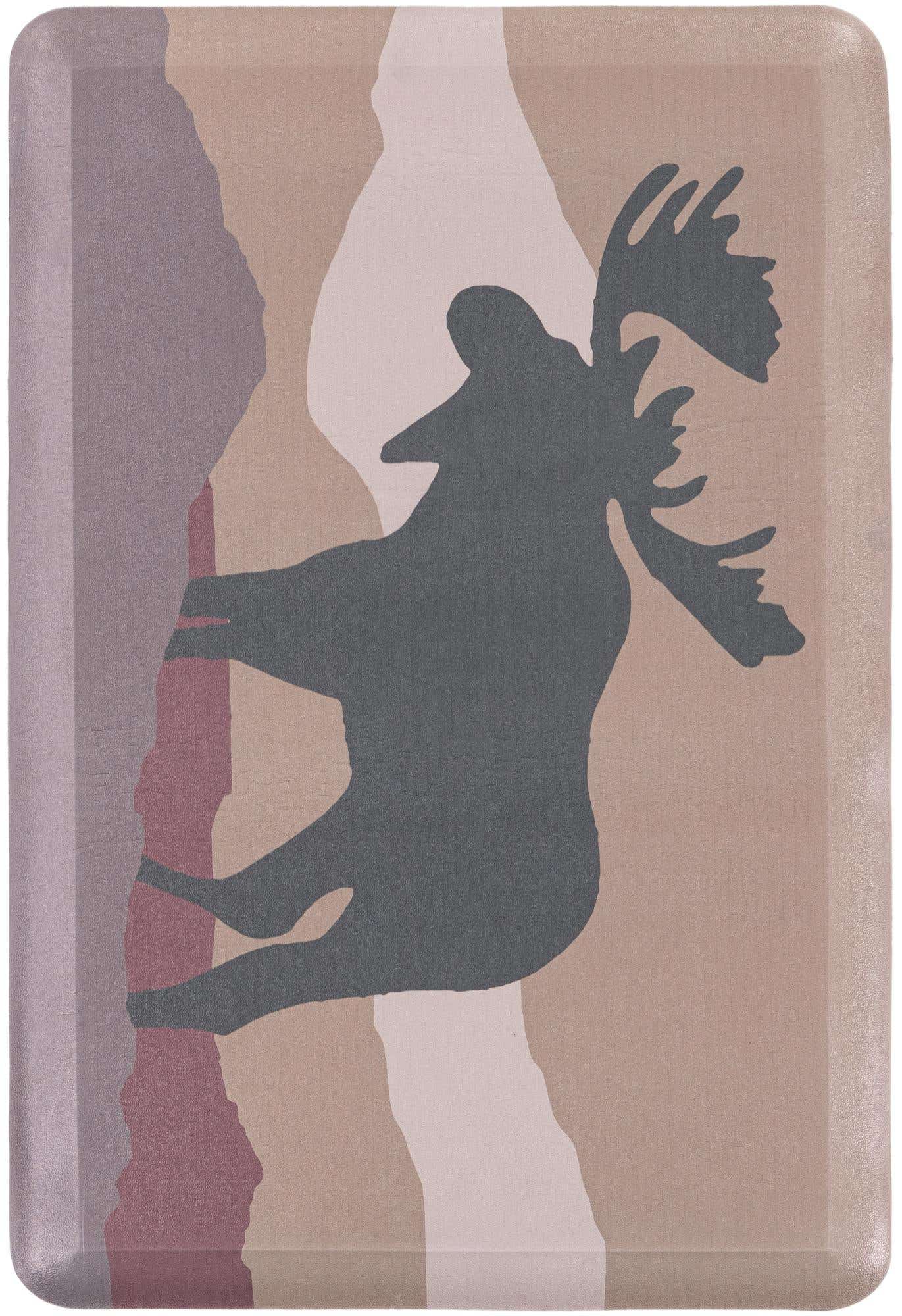 A rectangular 2x3 multi-colored comfort mat with a dark gray moose silhouette against a background of abstract shapes in beige, light pink, and muted purple.