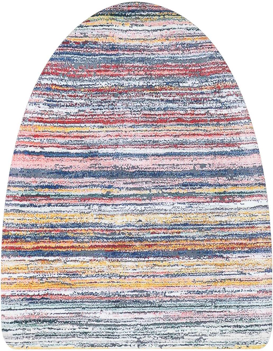 A multi-colored hearth rug with a vibrant striped pattern, featuring hues of red, blue, yellow, and white.