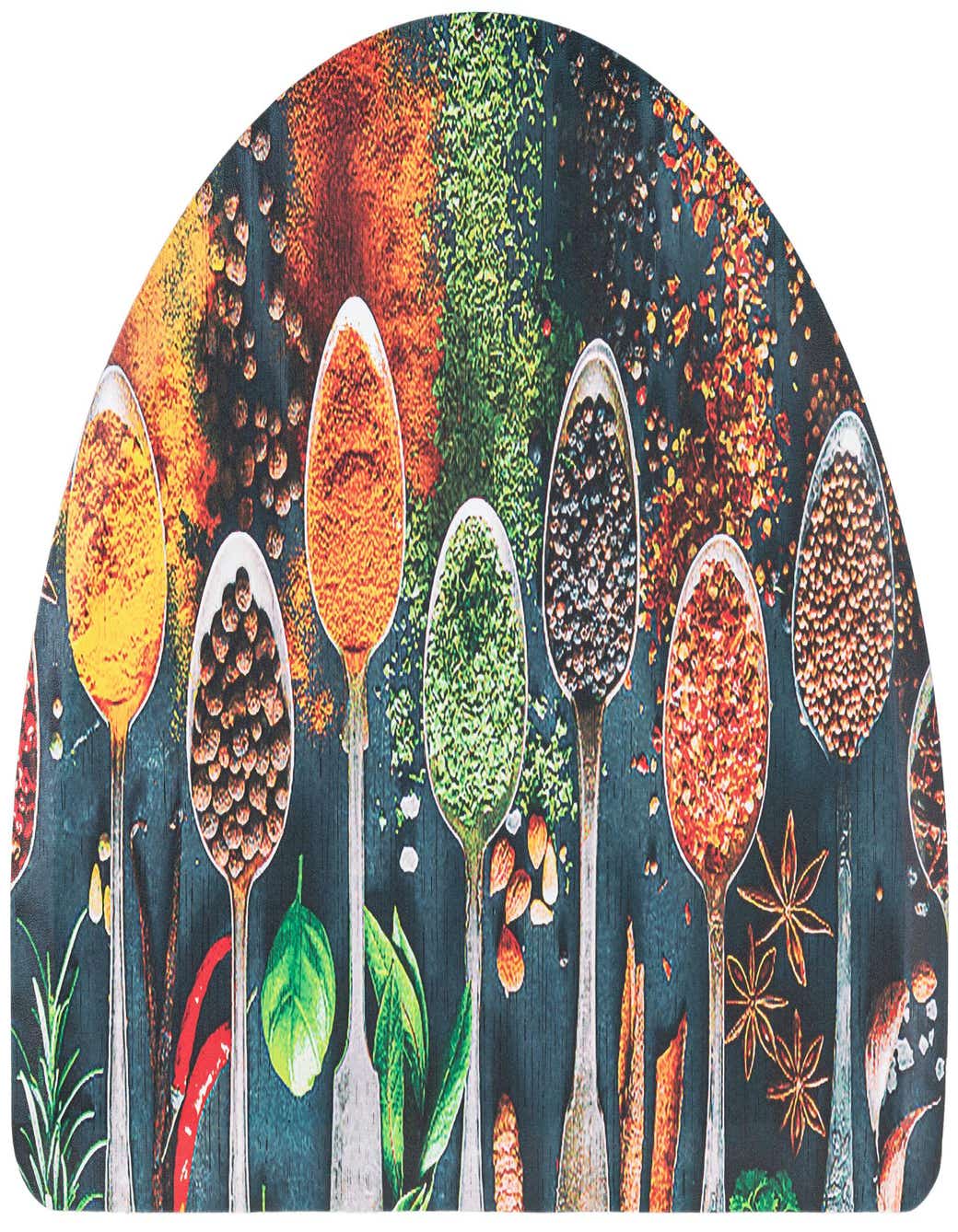 A multi-colored hearth rug featuring a vibrant spice market design with various spices in spoons and scattered.