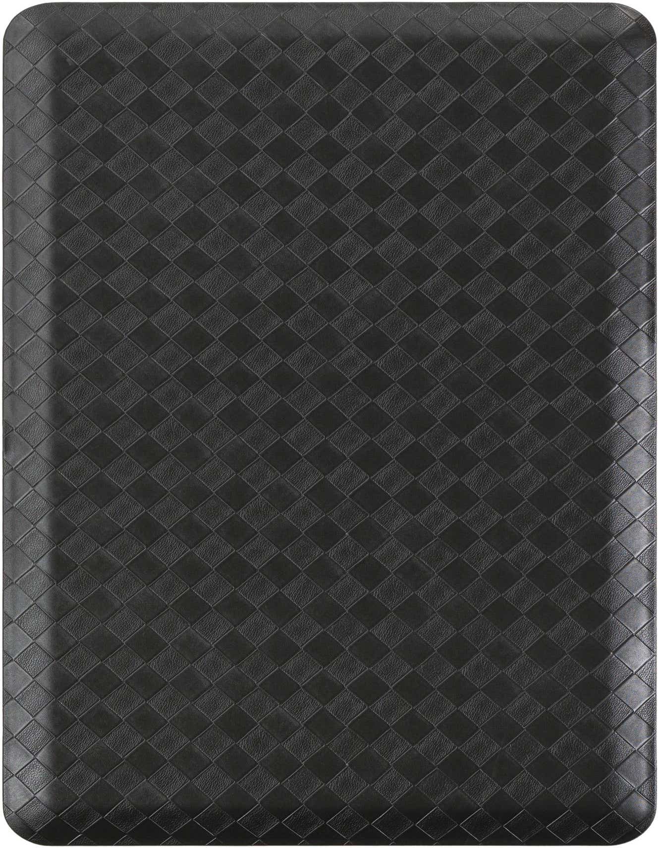 A rectangular 2x3 black comfort mat with a textured diamond pattern, designed for indoor use.
