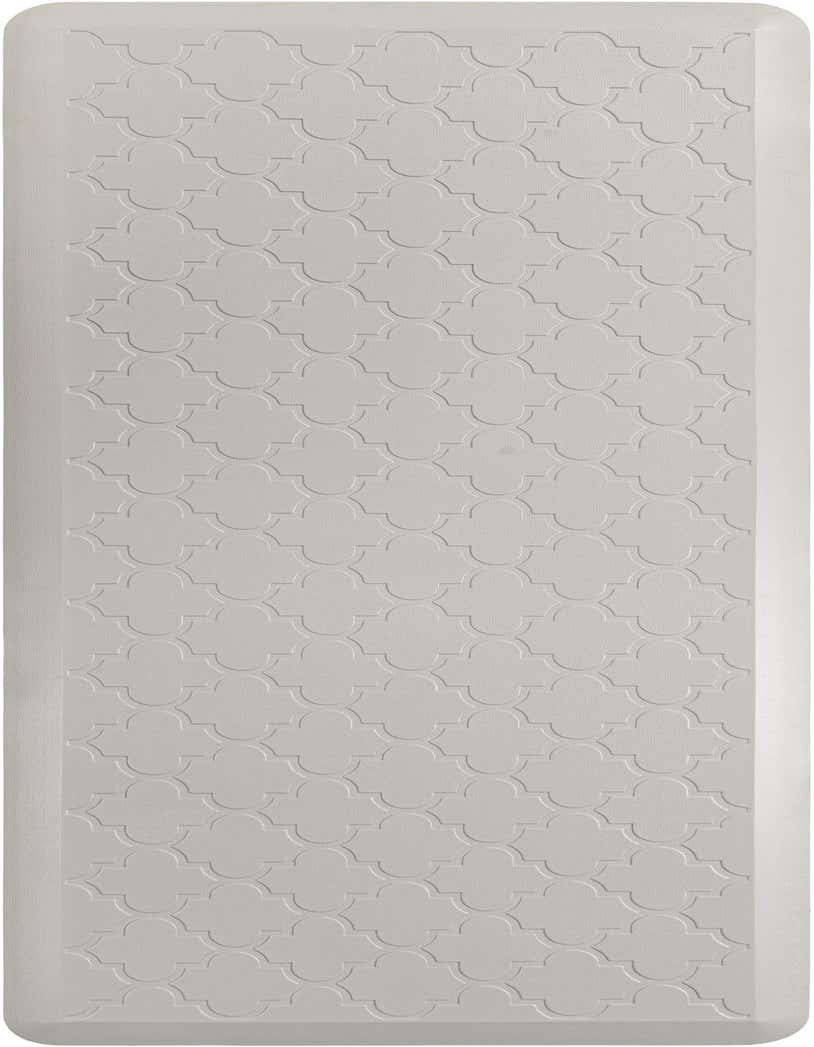 A 2x5 rectangular gray Comfort Mat by Rugs.com with a subtle quatrefoil pattern, ideal for indoor use.