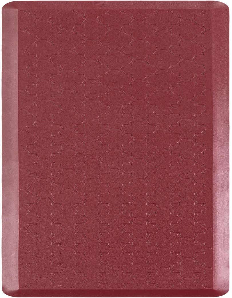 A rectangular 2x5 red comfort mat with a subtle embossed geometric pattern, ideal for kitchen or laundry rooms.