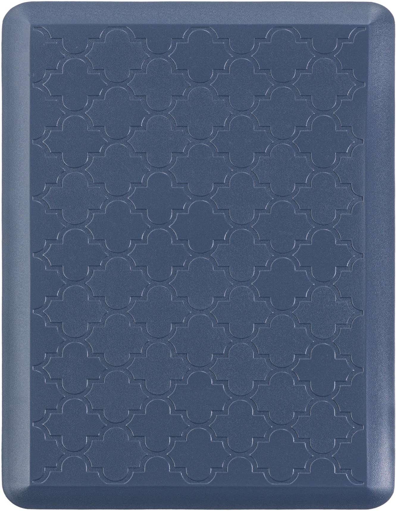 A 2x3 rectangular navy blue Comfort Mat with an embossed quatrefoil pattern, designed for indoor use.
