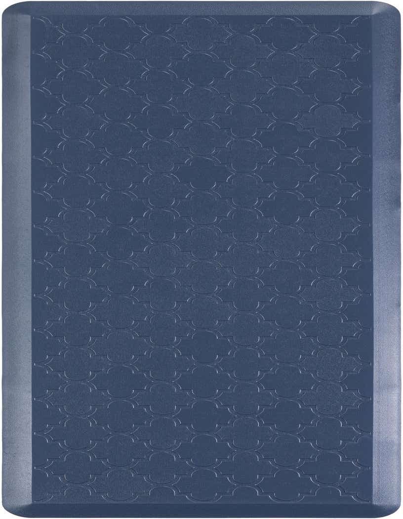A rectangular navy blue Comfort Mat with a subtle embossed geometric pattern, featuring rounded edges and a non-slip surface.