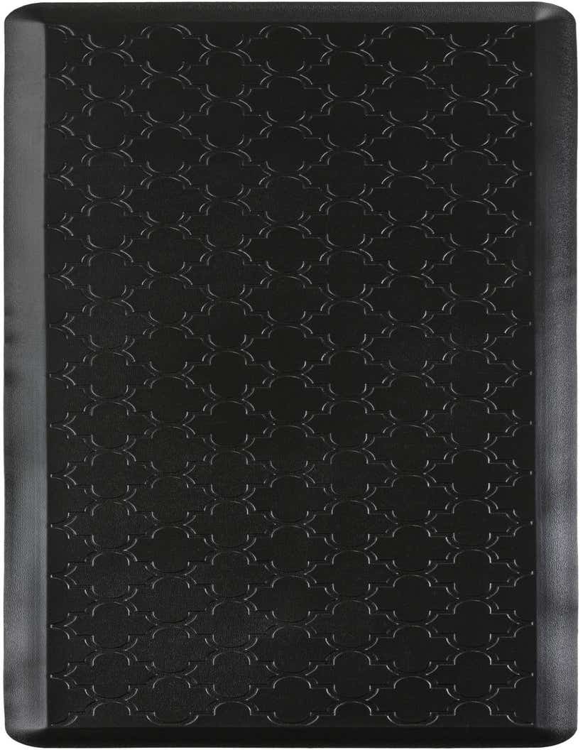 A 2x5 rectangular black comfort mat with a subtle embossed geometric pattern, featuring rounded corners and a non-slip backing.