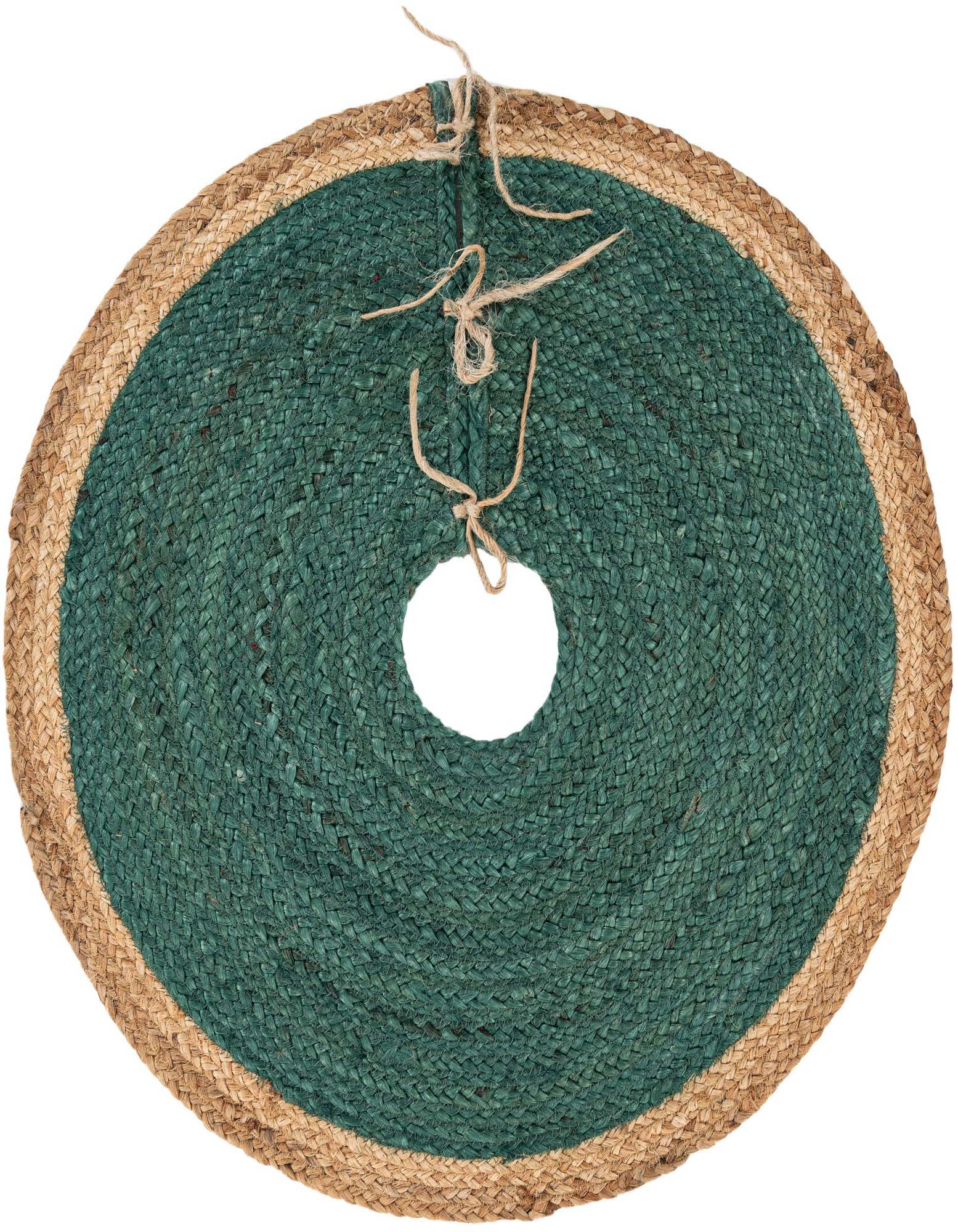 A round 2' 2 x 2' 2 green jute Christmas tree skirt with a natural braided border and tie closures.
