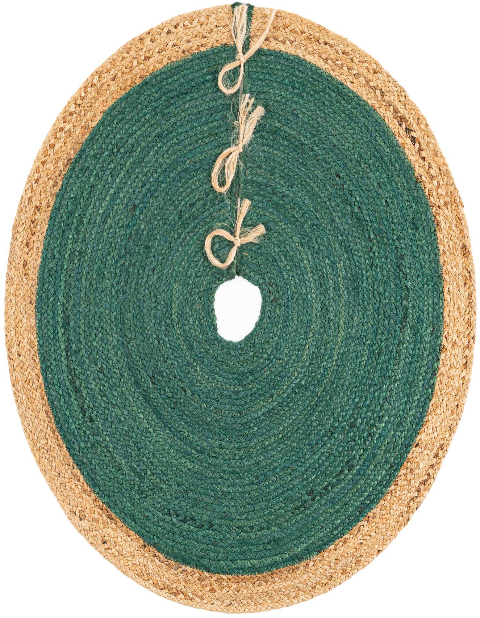 A round 3' 1 x 3' 1 green and natural jute Christmas tree skirt with a braided border and three tie closures.
