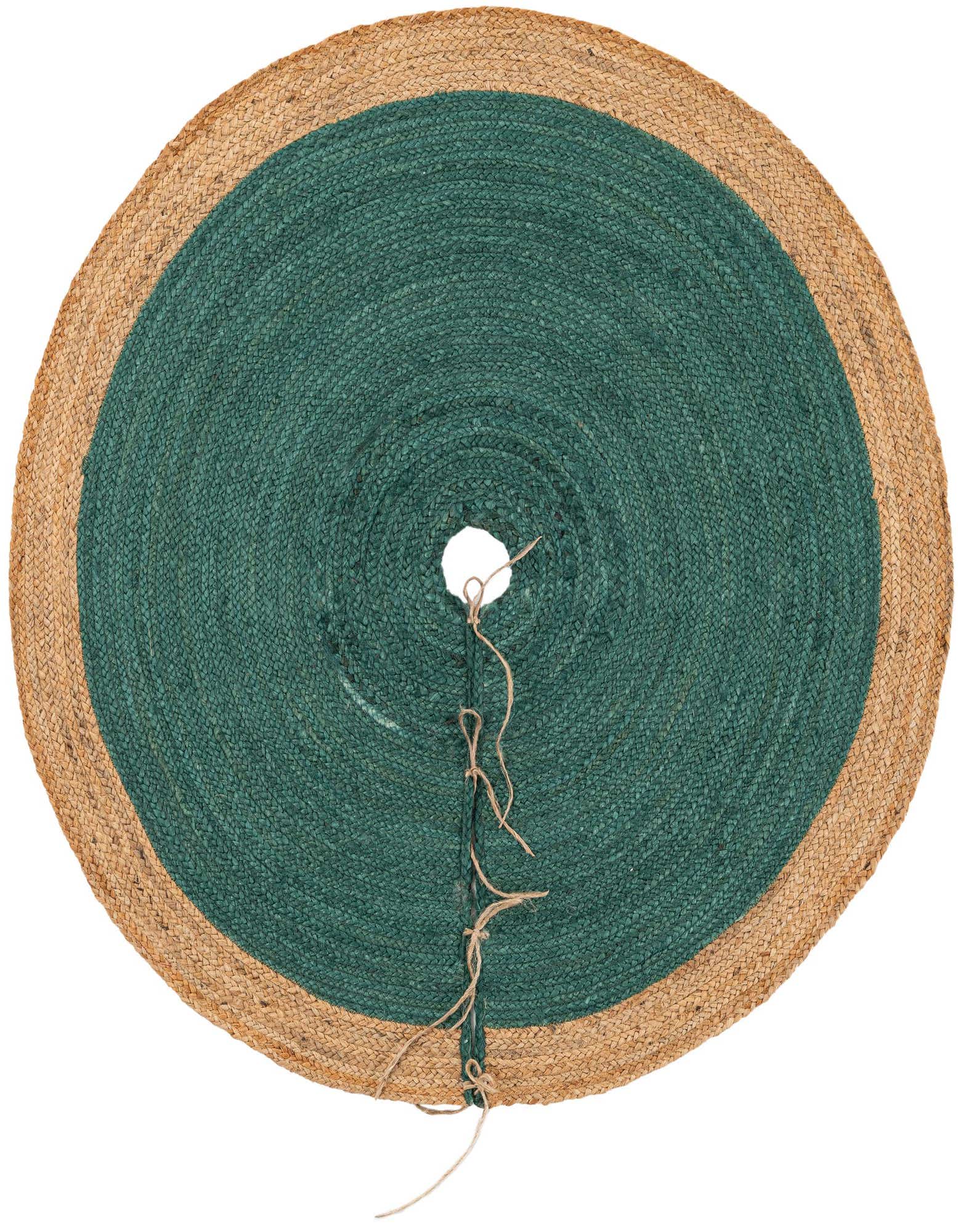 A round green and natural jute Christmas tree skirt with a central opening and tie closures.
