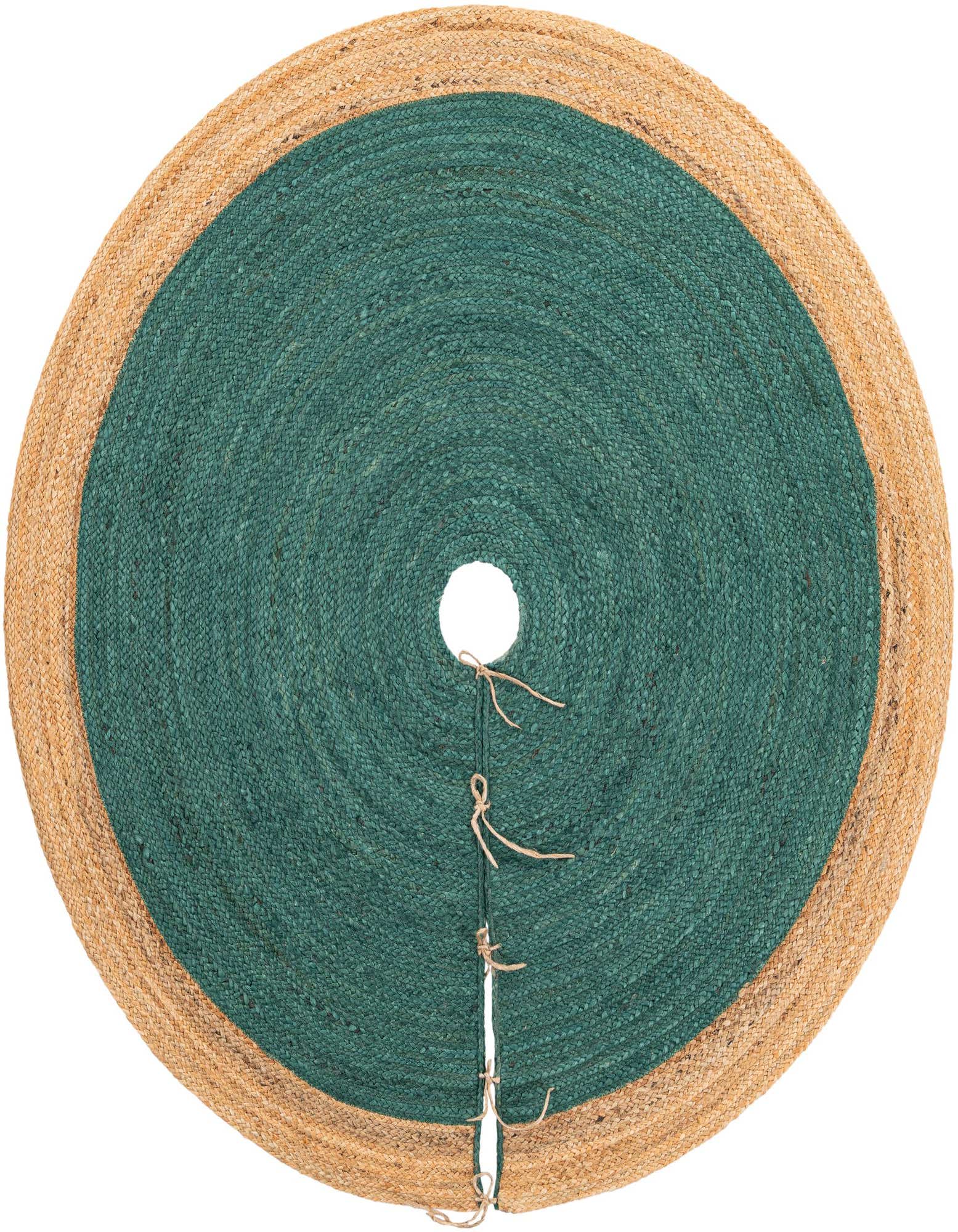 A 5' 1 round green and natural jute Christmas tree skirt with a textured flatweave and tie closures.