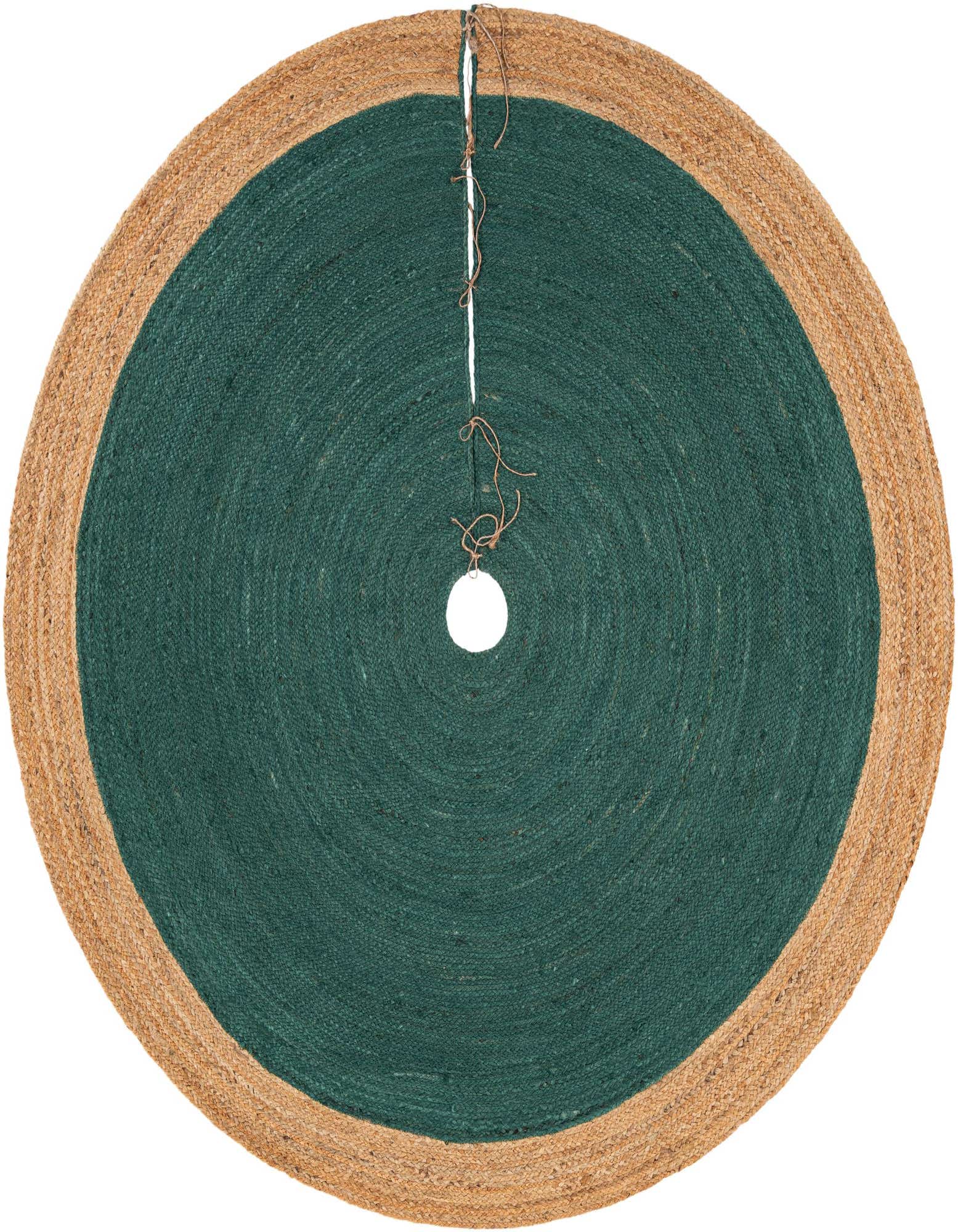 A round, green and natural jute Christmas tree skirt with a textured, flatweave construction and a central opening.