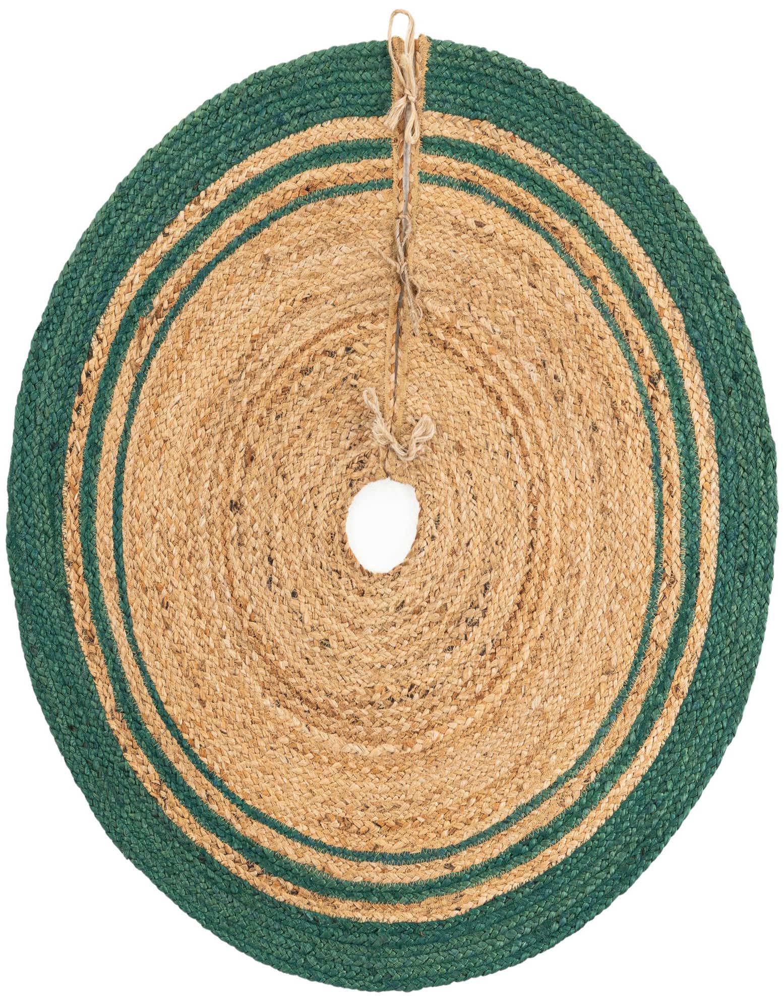 A round, 3' 1 x 3' 1 jute Christmas tree skirt with natural brown and green border stripes, featuring a central opening and tie closure.