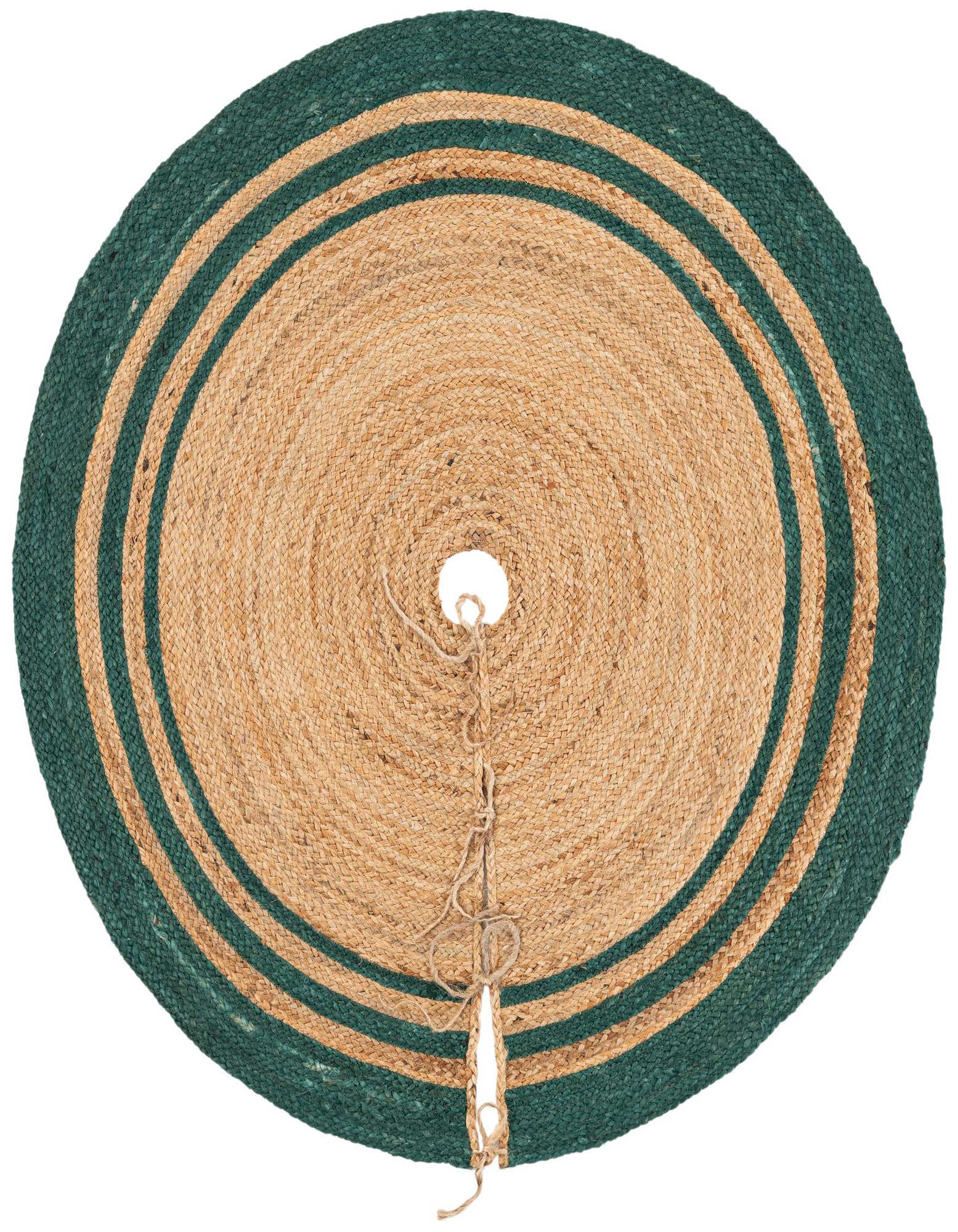A 4' 1 round jute Christmas tree skirt in natural tan with two concentric green stripes and a tie closure.