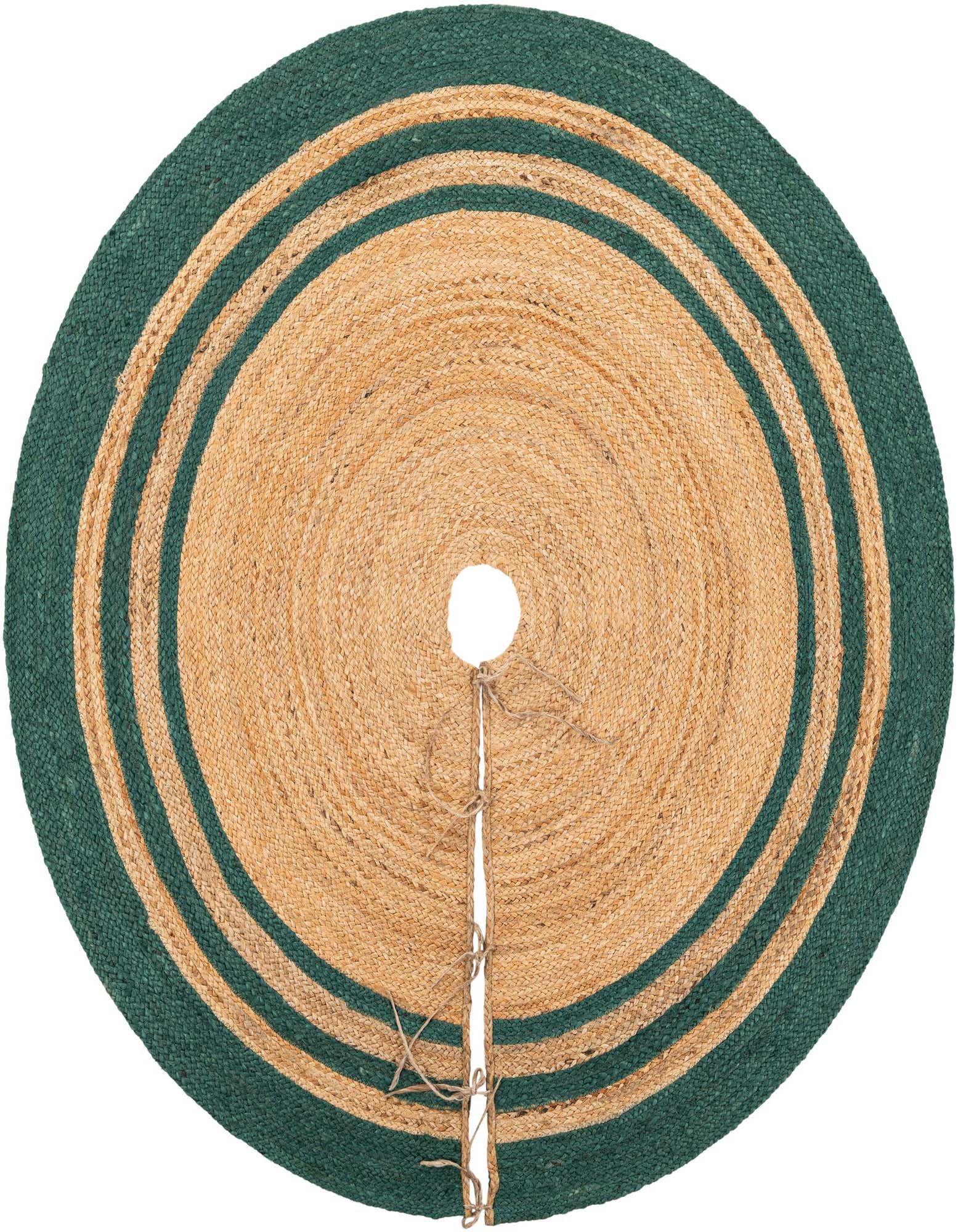 A round, handmade 5' 1" brown and green jute Christmas tree skirt with concentric green stripes and a central opening.