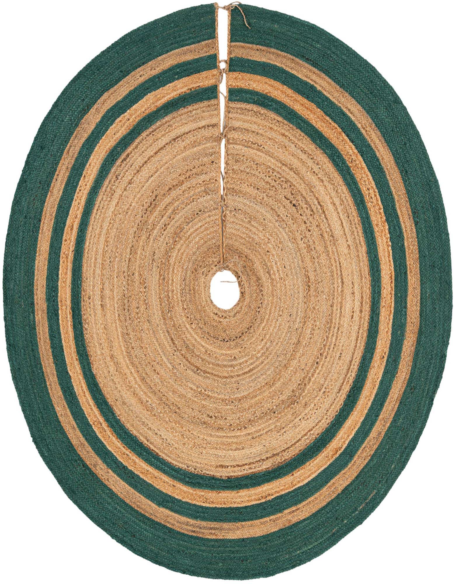 A round, 7' 1" brown and green jute Christmas tree skirt with concentric stripes and a central opening.