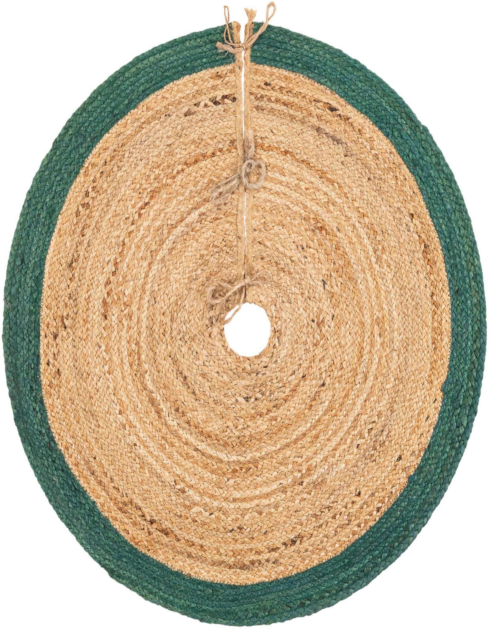 A round, handmade jute Christmas tree skirt, 3' 1 in diameter, featuring a natural brown braided center and a dark green braided border, with jute ties.