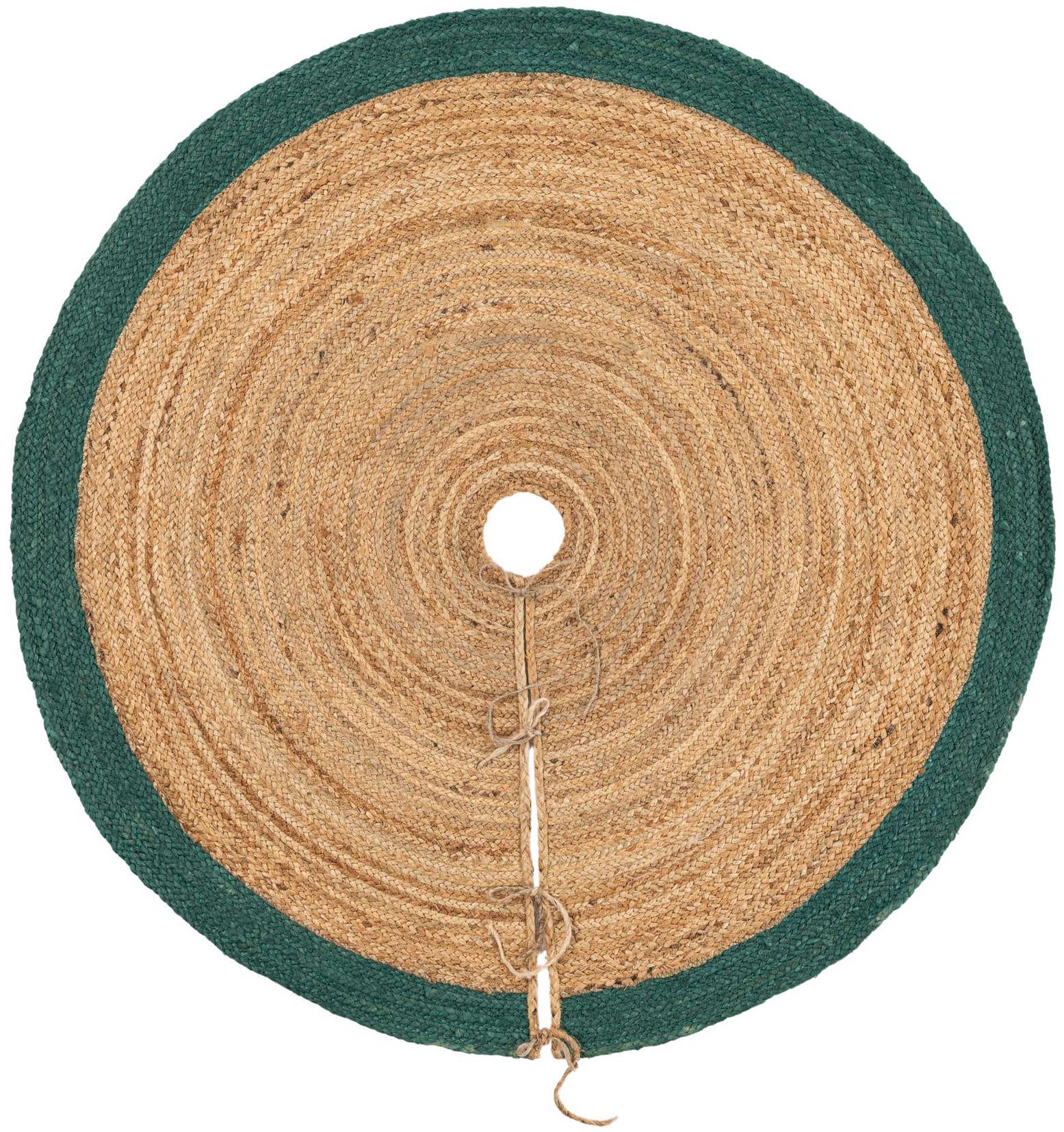 A 4' 1 round jute Christmas tree skirt with a natural brown center and a dark green border, featuring ties along the slit.