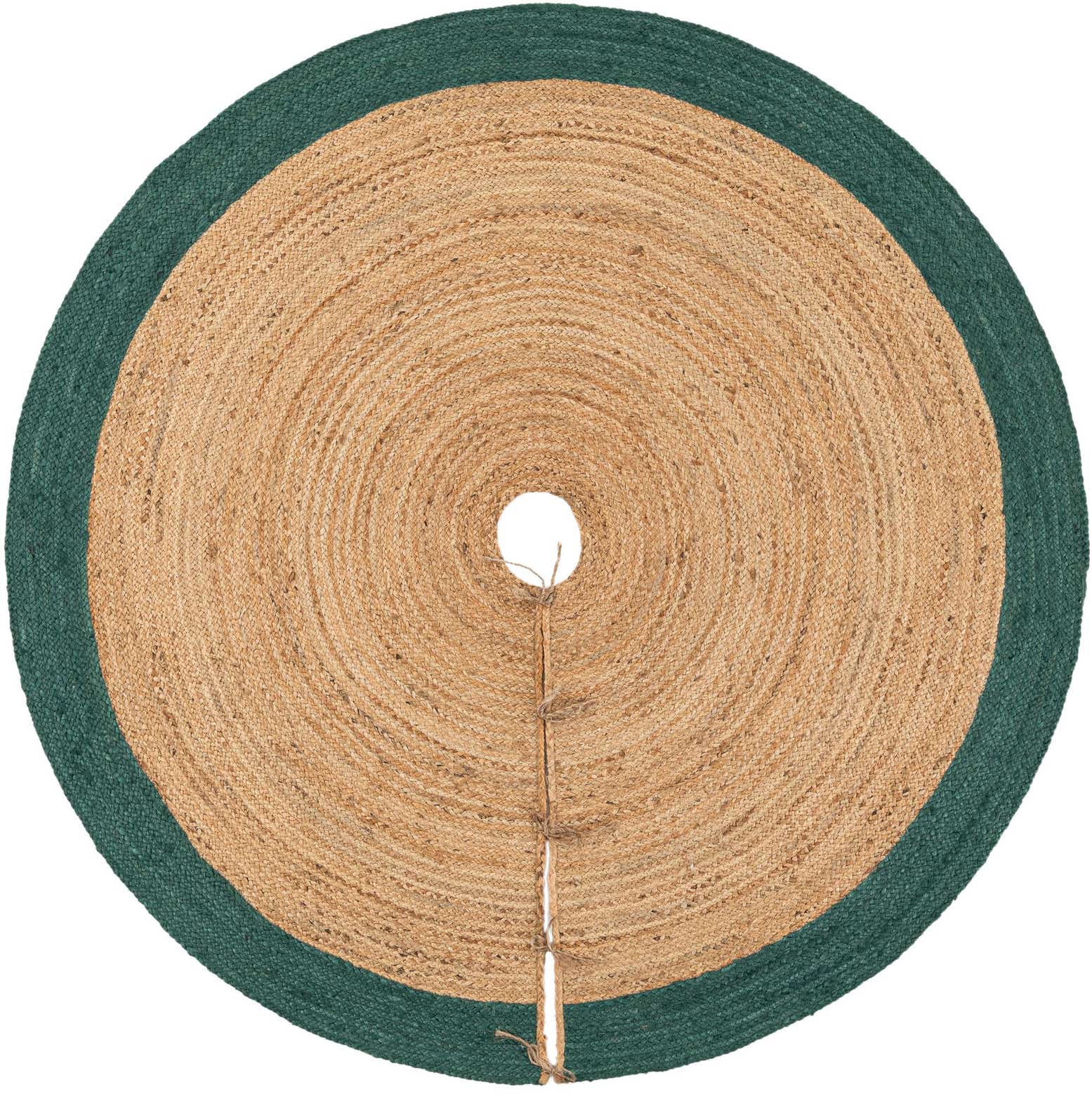 A 6' 1" round jute Christmas tree skirt with a natural brown center and a dark green border, featuring a slit and ties.