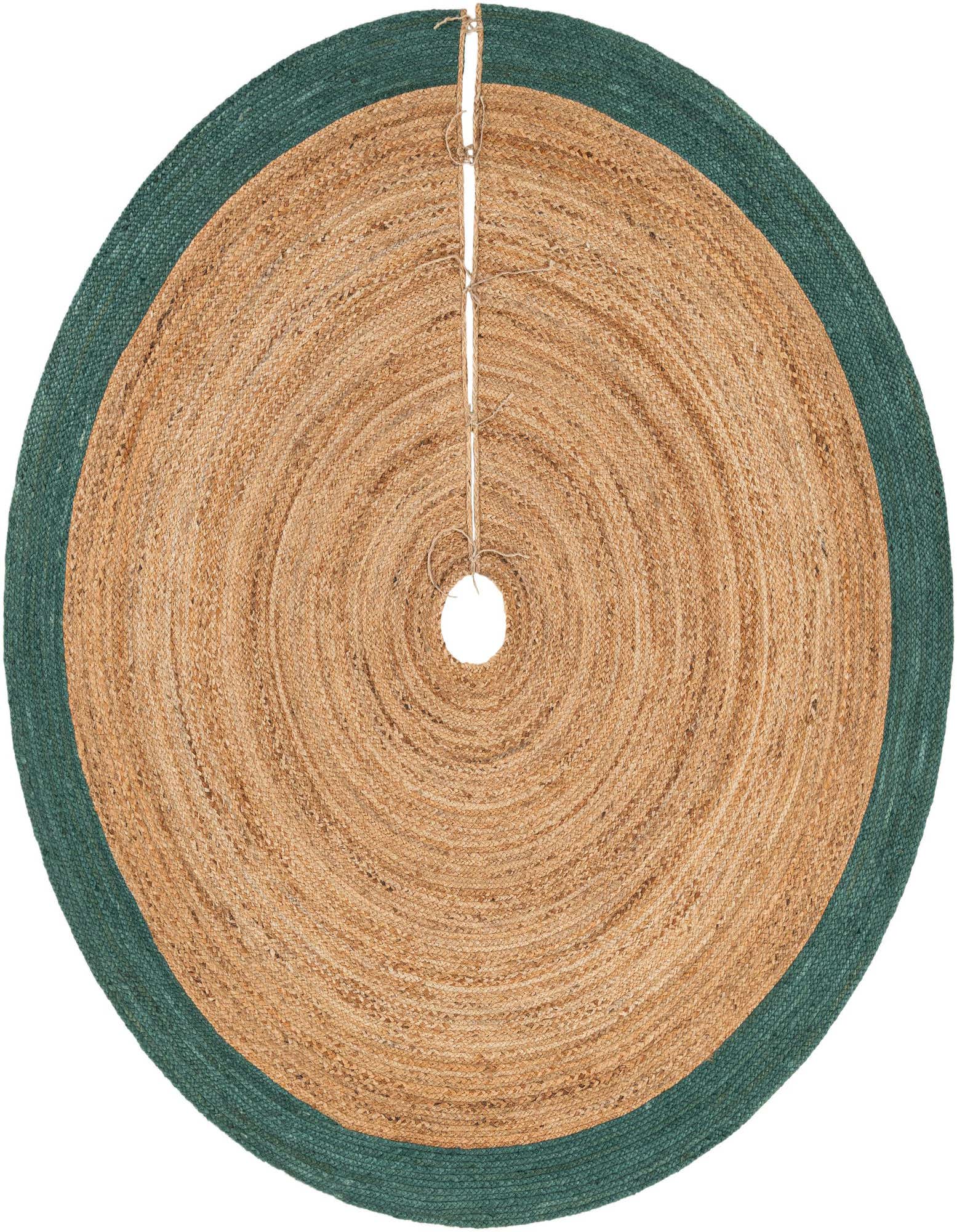 A round, braided jute Christmas tree skirt with a natural tan center and a dark green border, featuring a slit and ties.