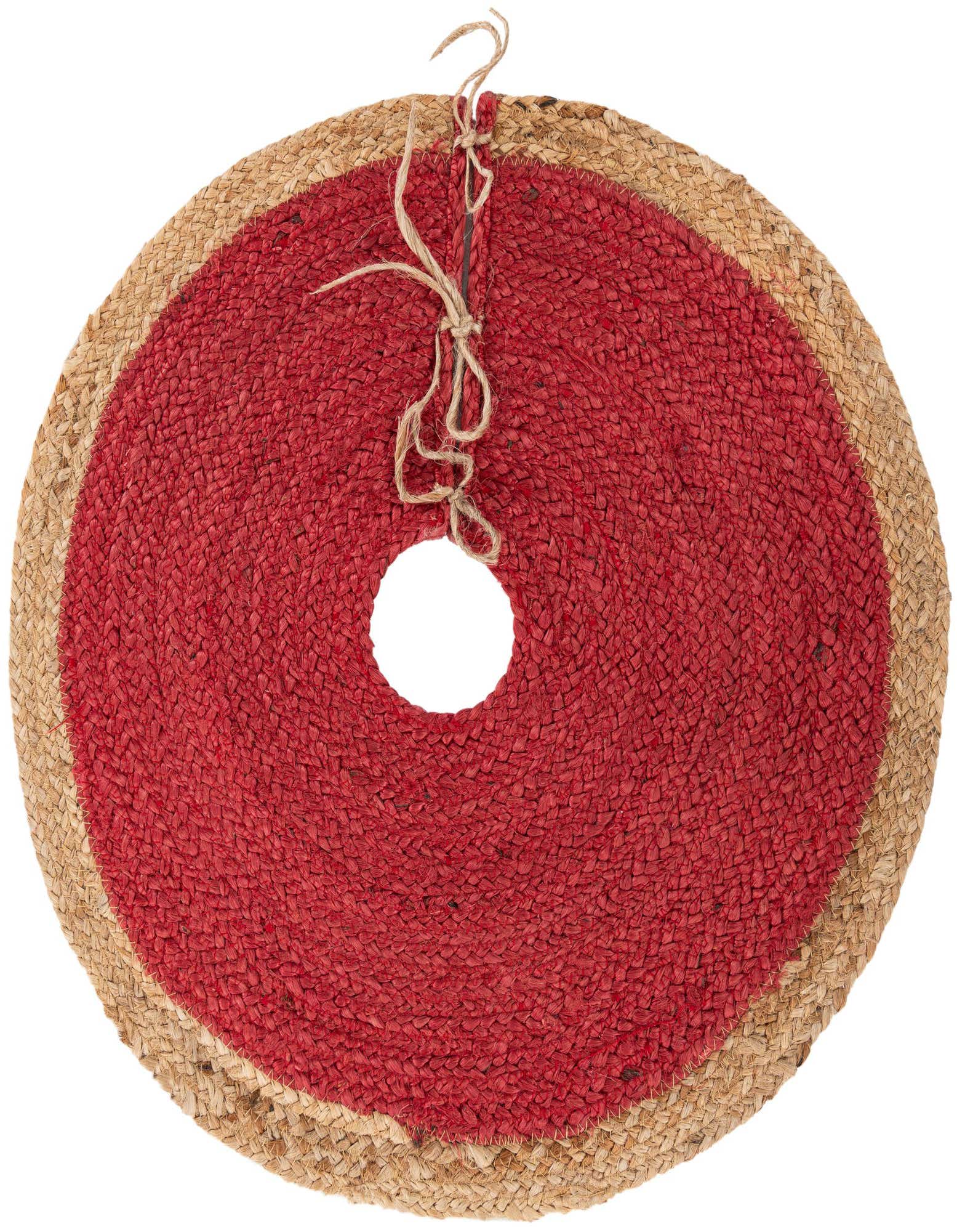 A round, handmade red and natural jute Christmas tree skirt with a textured flatweave and tie closure.