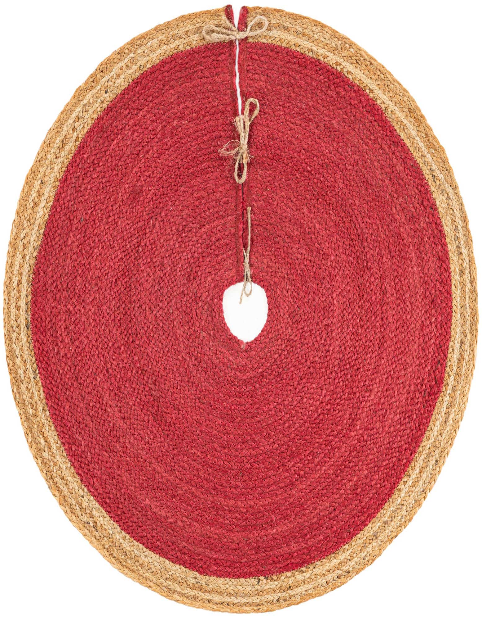 A 3' 1 round red jute Christmas tree skirt with a natural braided jute border, featuring a tie closure.