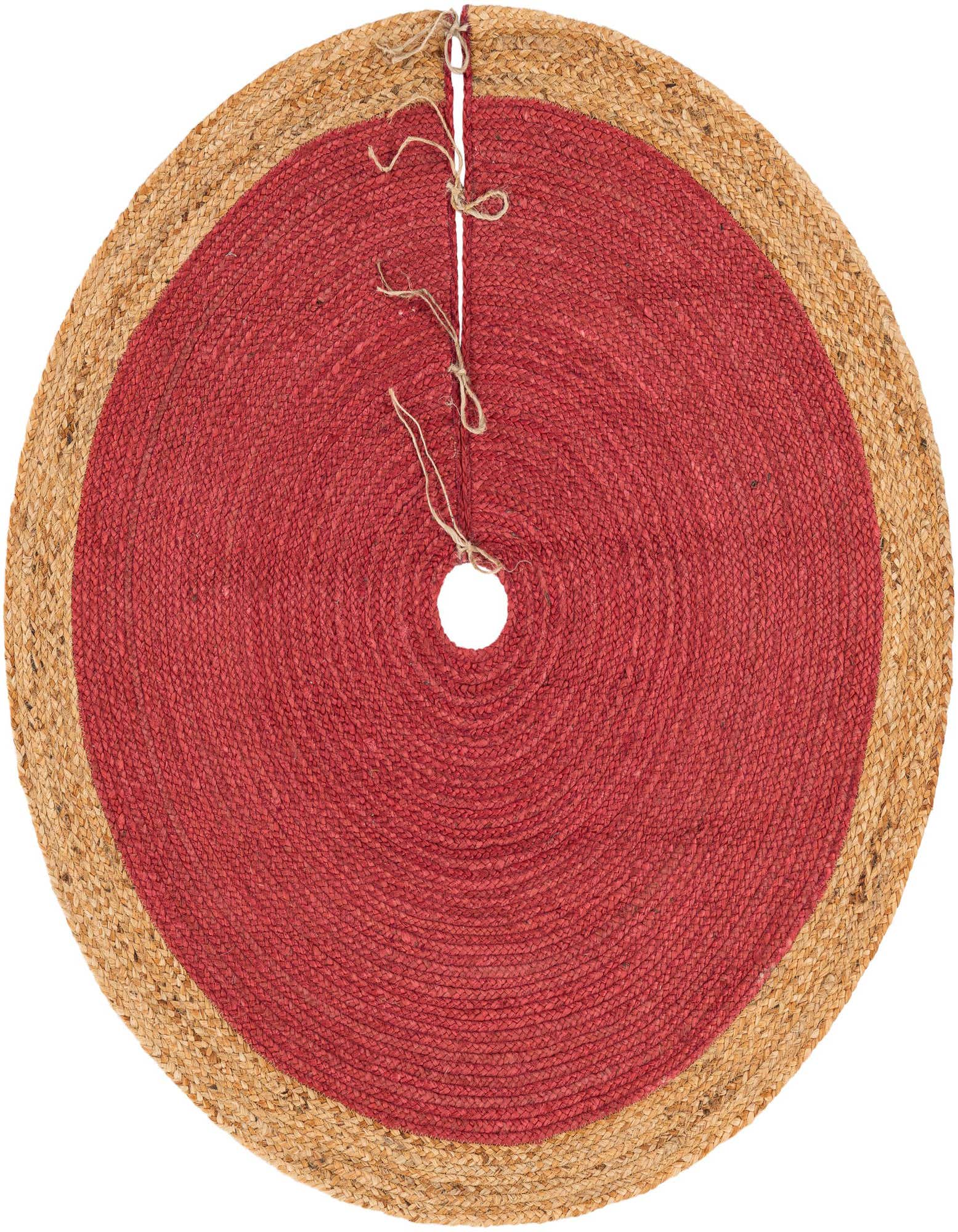 A 4' 1" round red and natural jute Christmas tree skirt with a textured, flatweave design and tie closures.