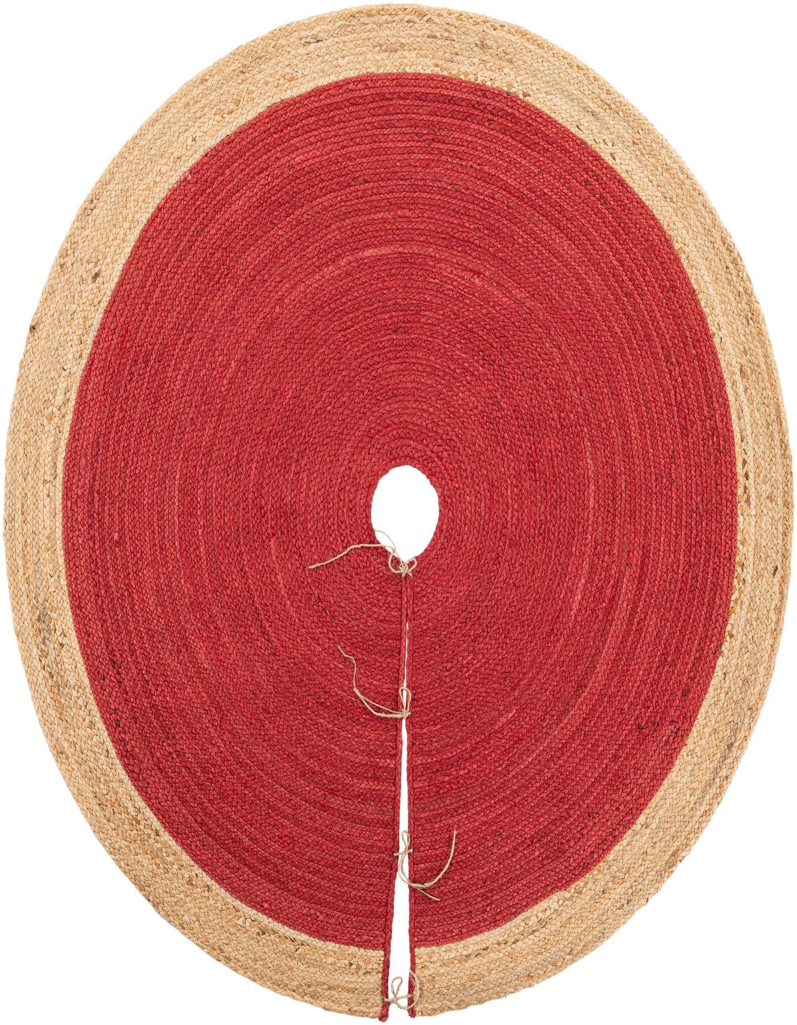 A round 5' 1" red and natural jute Christmas tree skirt with a modern flatweave texture and tie closures.