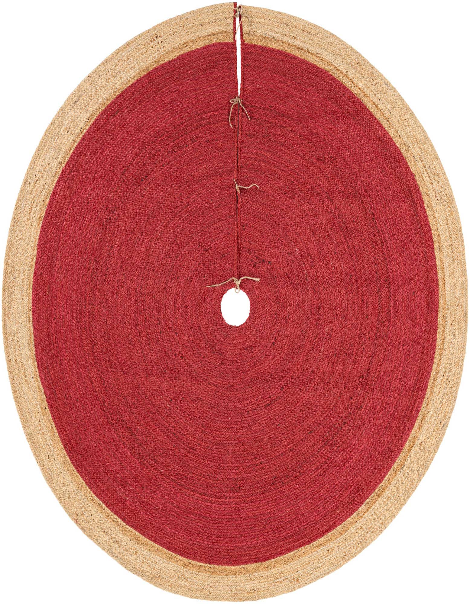 A round, 7' 1" red jute Christmas tree skirt with a natural tan border and ties, ready for holiday decor.