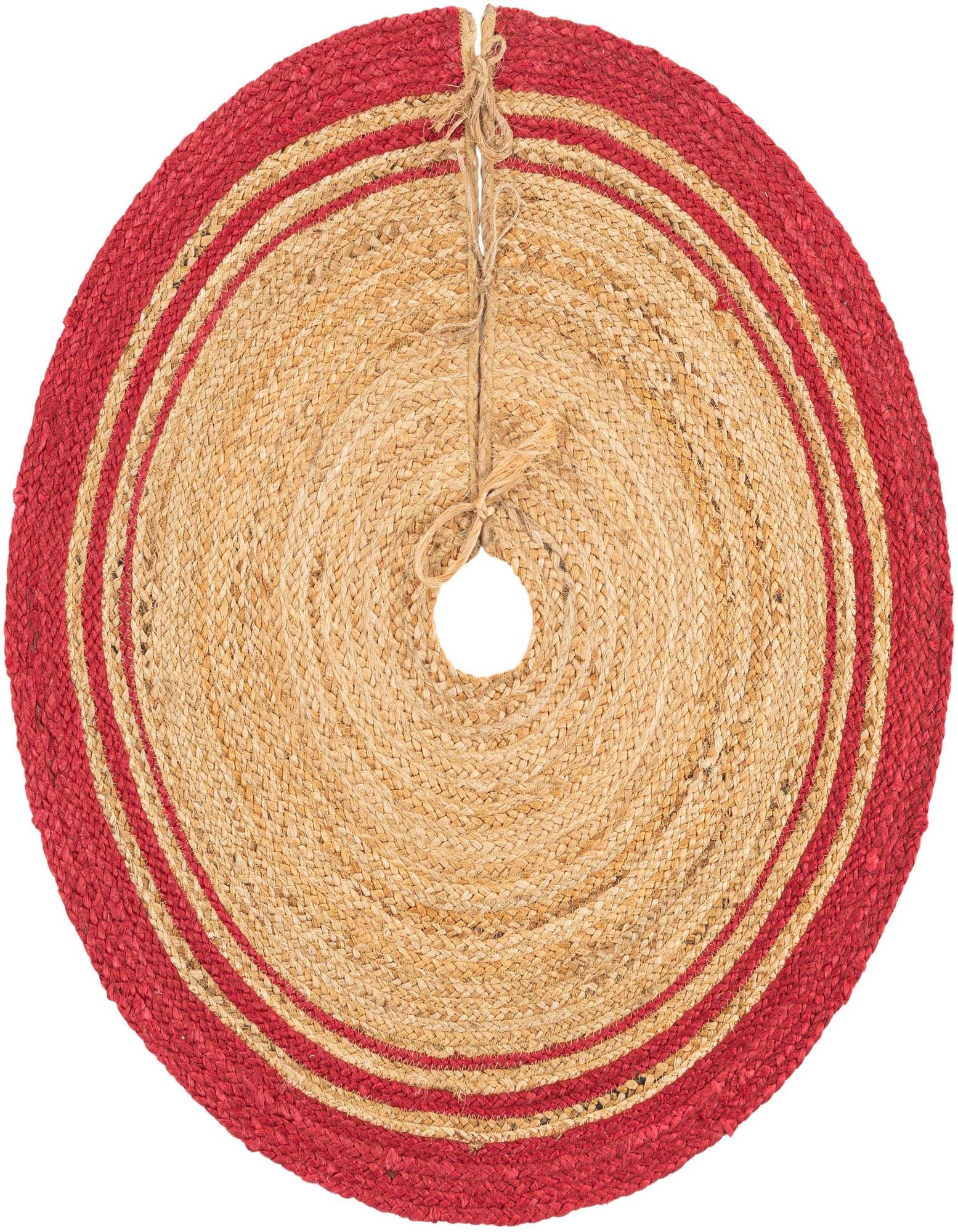 A round, braided jute Christmas tree skirt, 3' 1 in diameter, with natural tan and red concentric stripes, tied at the top.
