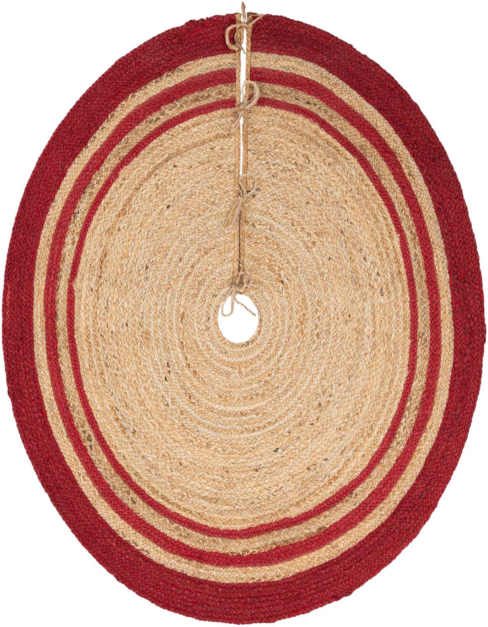 A round, handmade jute Christmas tree skirt in natural tan with two concentric red striped borders, featuring a central opening and ties.