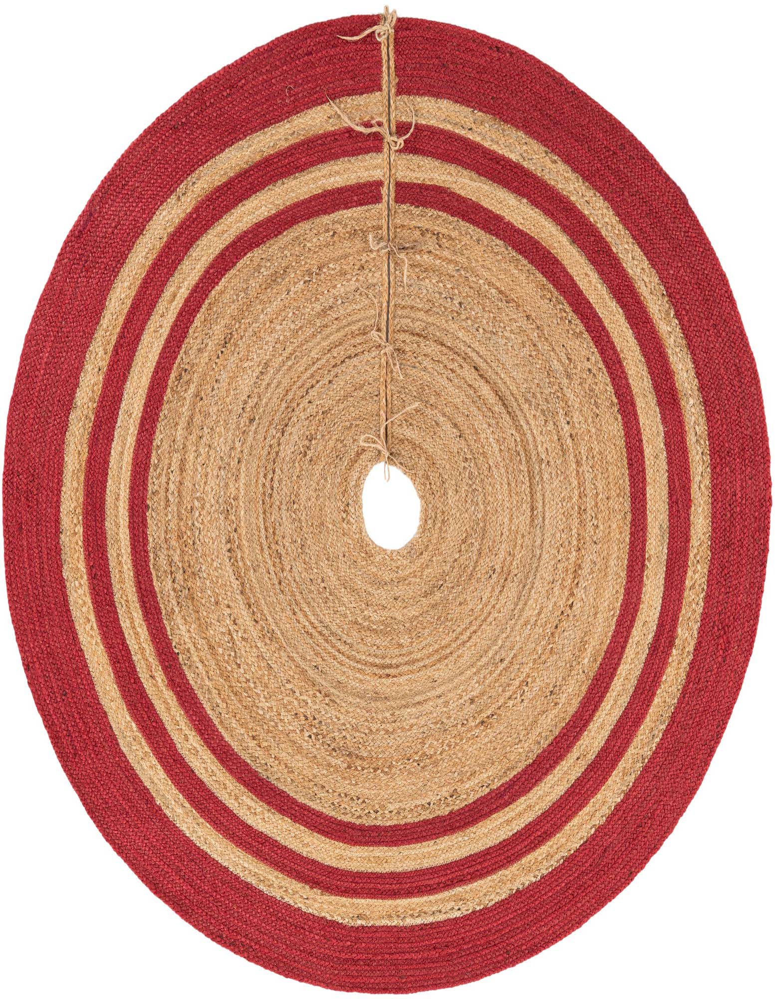 A round, handmade jute Christmas tree skirt with a natural brown center and two wide red striped borders, featuring jute ties.