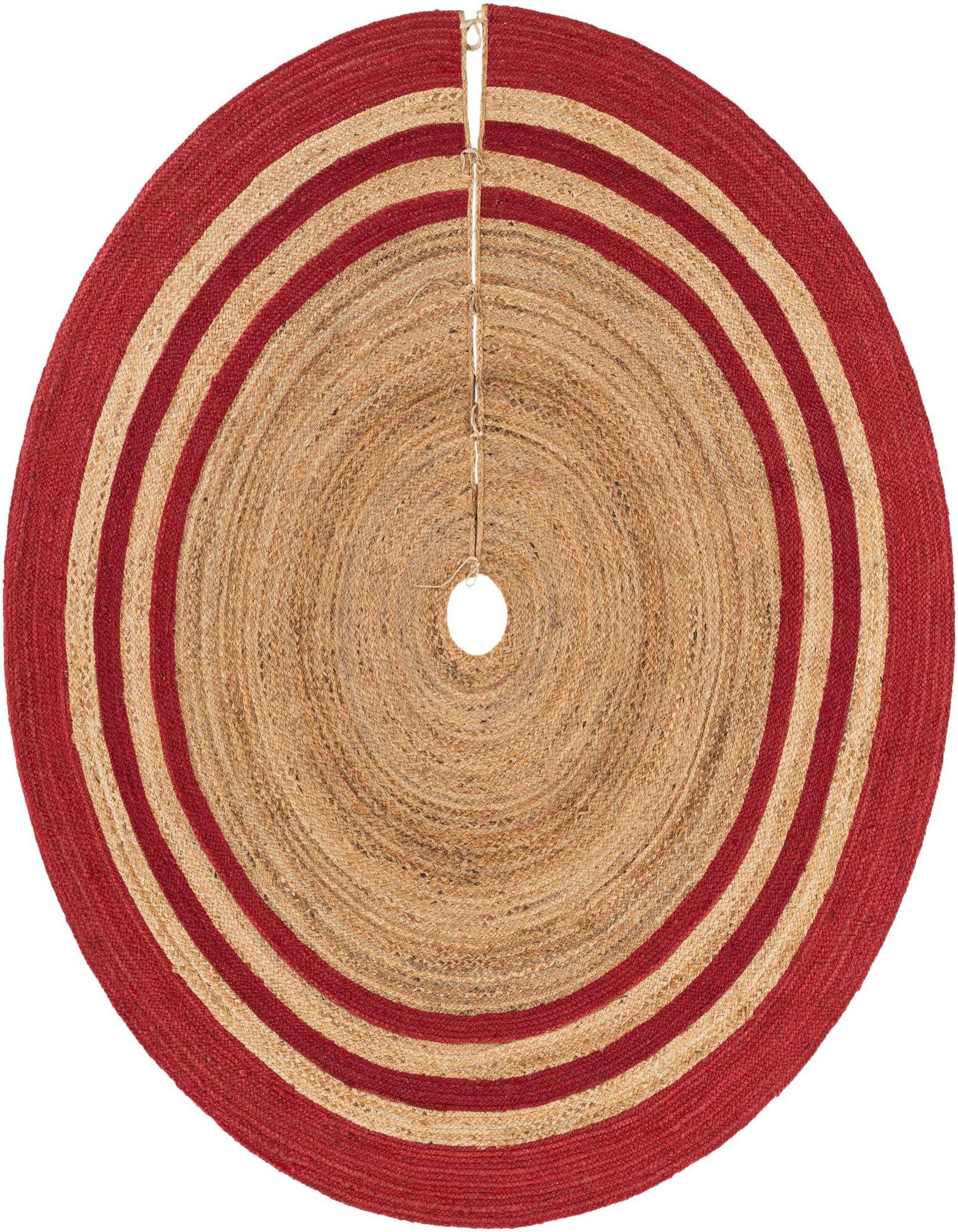 A round 7' 1" Christmas tree skirt made of natural jute with concentric red and tan stripes, featuring a tie closure.