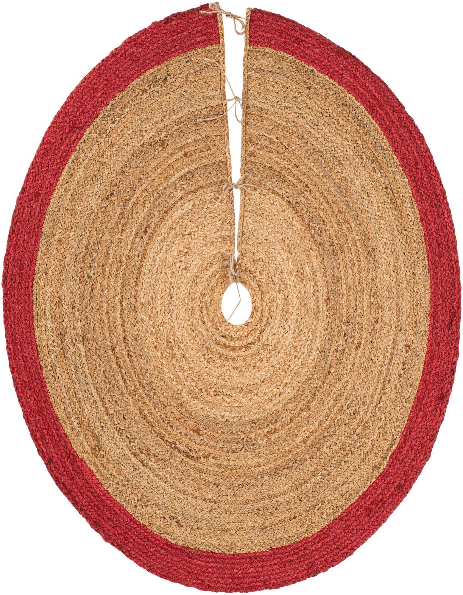 A 4' 1 round natural jute Christmas tree skirt with a vibrant red border, featuring a slit and ties.