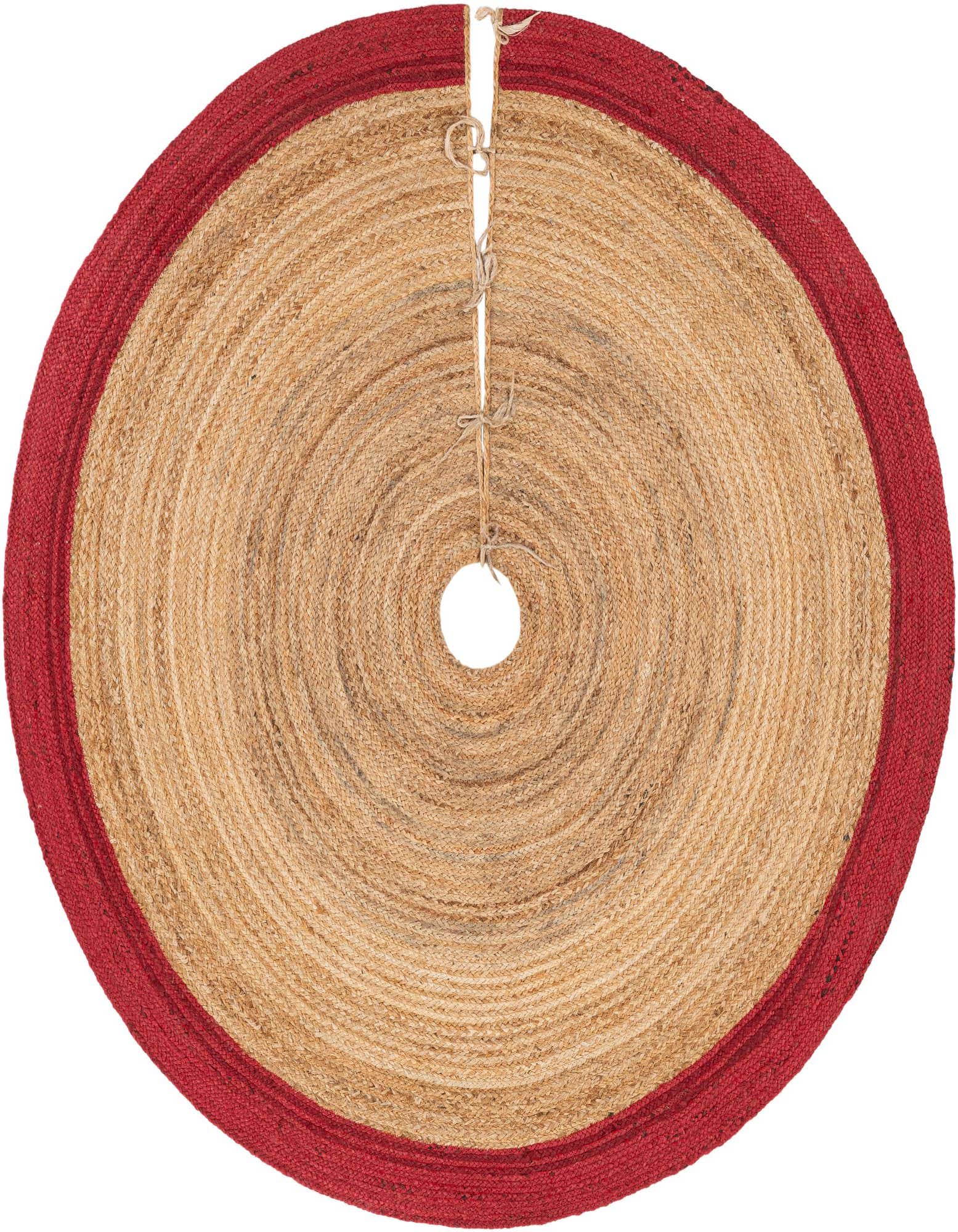 A round, natural jute Christmas tree skirt with a bold red border, featuring a slit and ties.