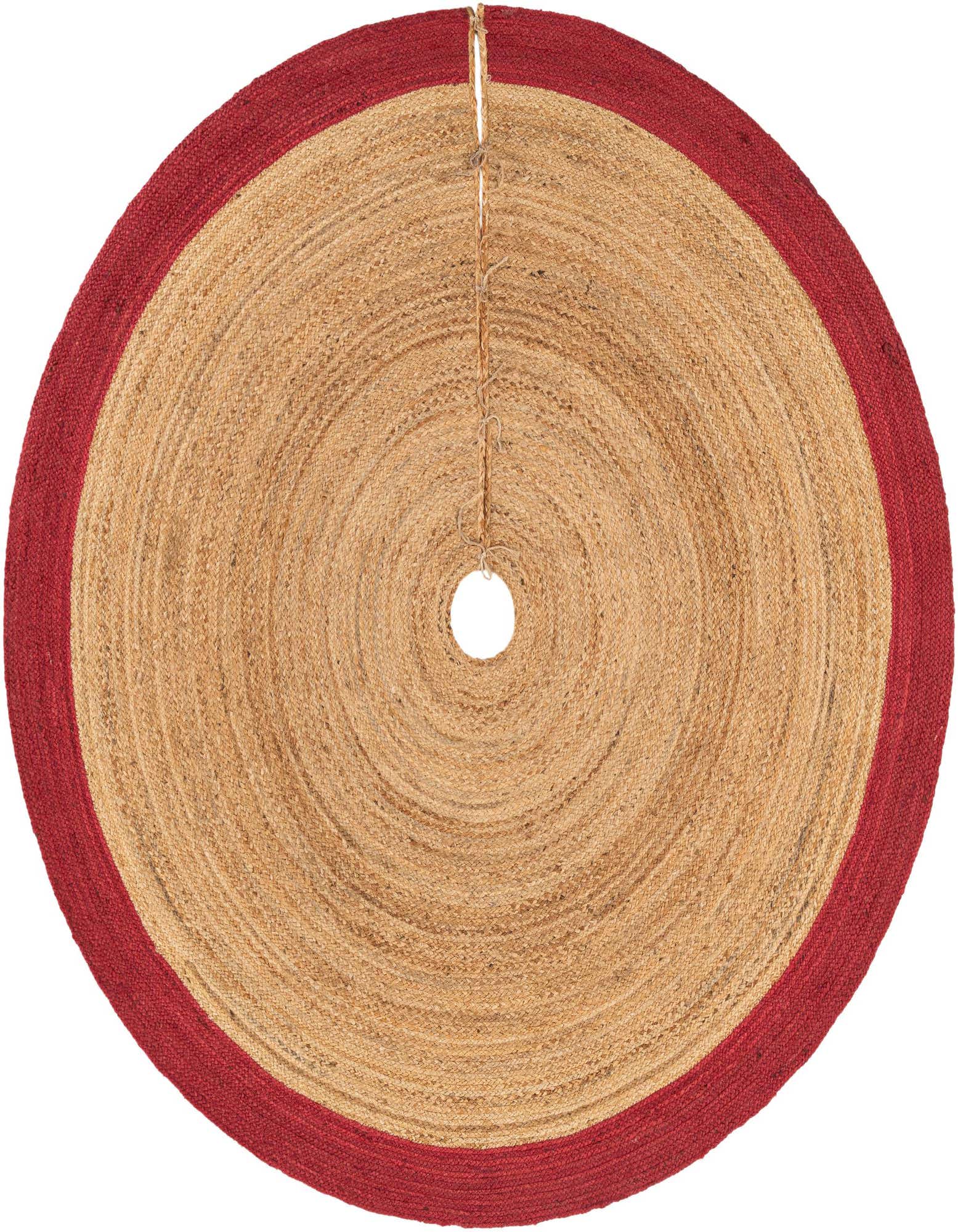 A 7' 1 round natural jute Christmas tree skirt with a wide red border and tie closures.