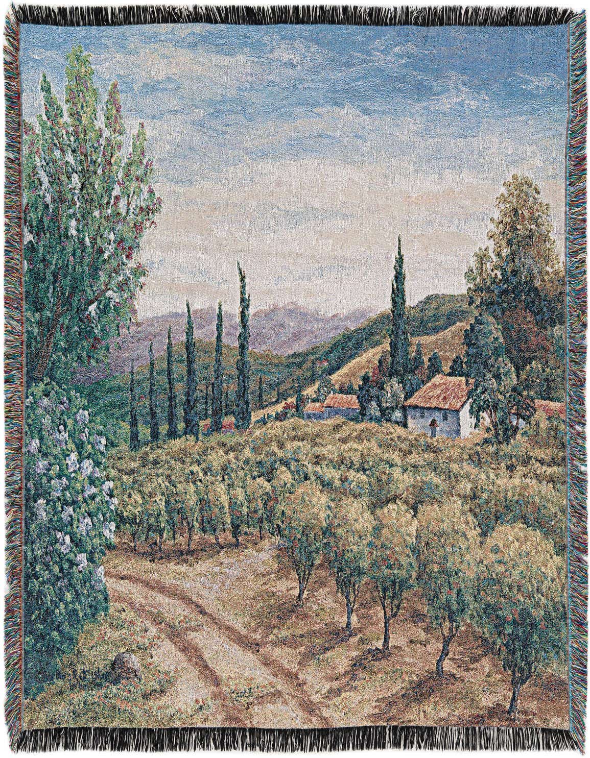 A rectangular 4x6 green modern rug depicting a lush Italian countryside landscape with cypress trees, vineyards, and white houses under a blue sky, suitable for a living room.