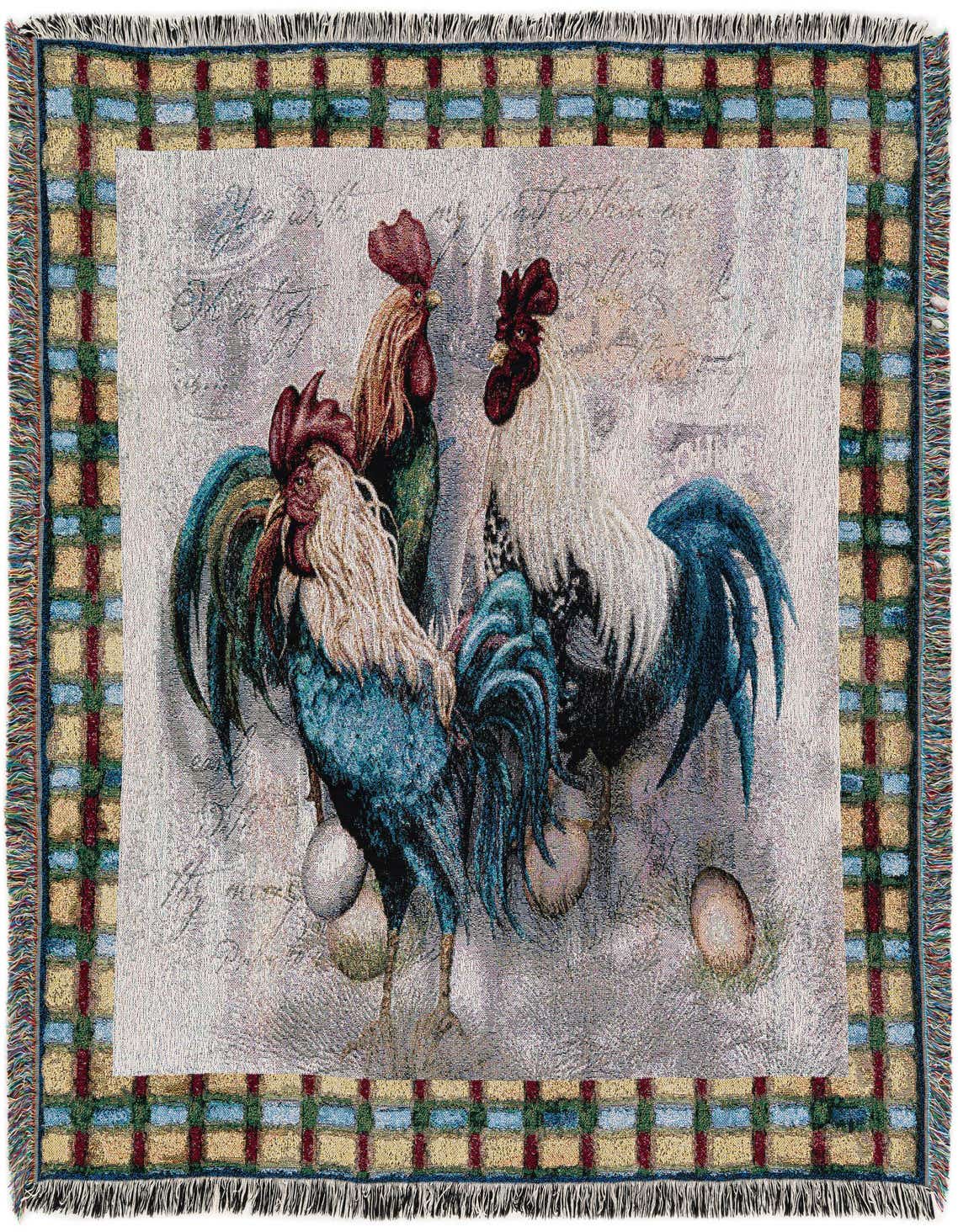 A rectangular 4x6 multi-colored cotton throw blanket featuring three roosters and eggs with a plaid border.
