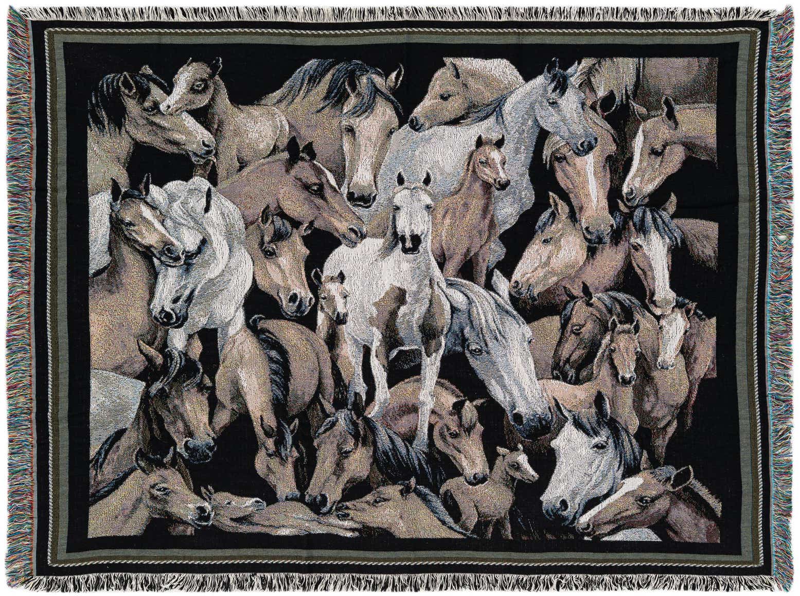 A rectangular 4x6 throw blanket featuring a modern pattern of many horses in shades of white and brown on a black background, with fringed edges.