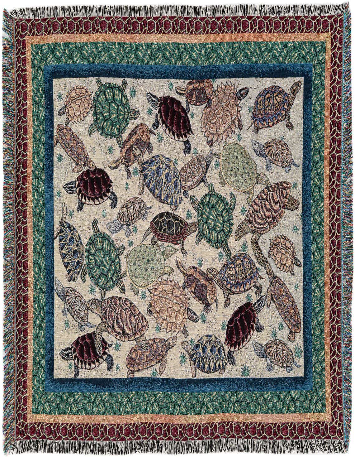 A multi-colored 4x6 rectangular throw blanket featuring various sea turtles on a light background, with a decorative border.