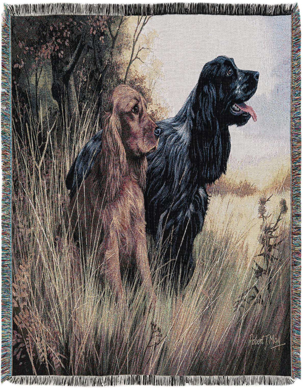 A rectangular 4x6 multi-colored cotton throw blanket featuring two Spaniel dogs in a field with trees.