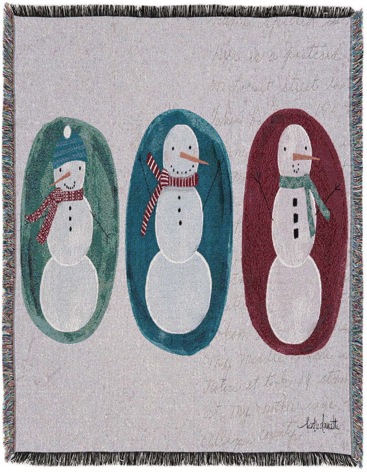 A multi-colored 4x6 rectangular rug featuring three white snowmen, each within a colorful oval, on a light gray background with faint script.
