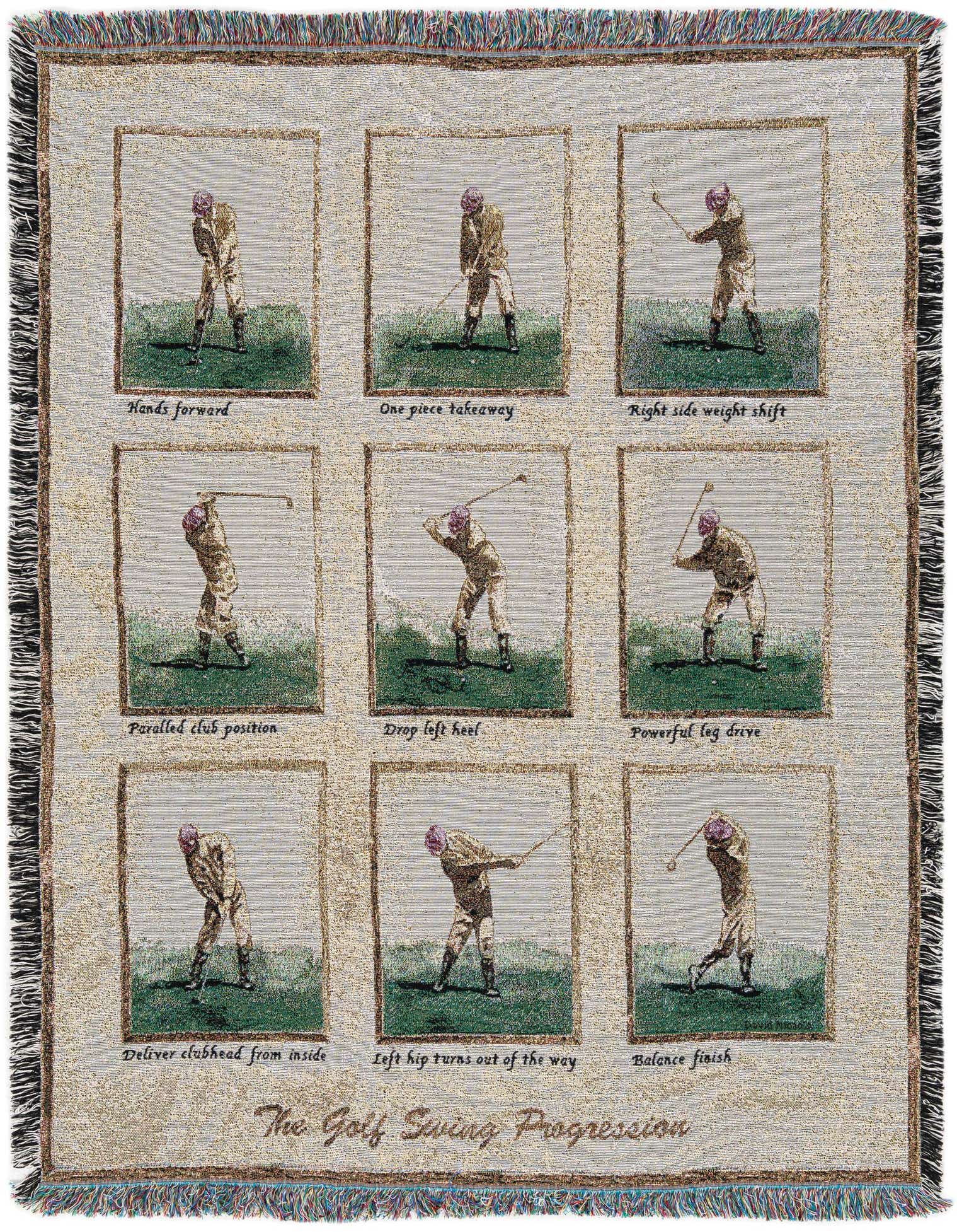 A 4x6 multi-colored rectangular cotton throw blanket featuring nine framed images demonstrating 'The Golf Swing Progression' with a golfer.