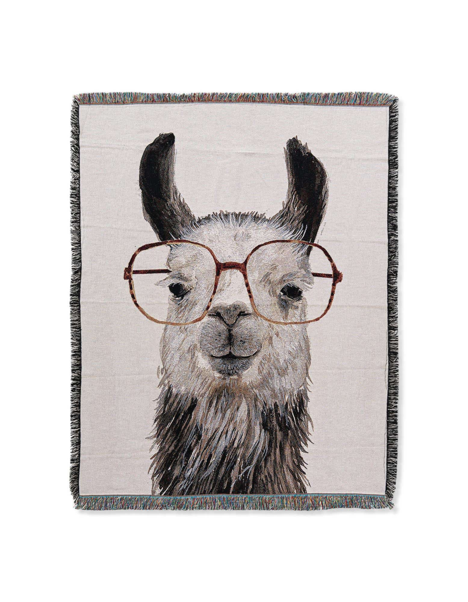 A rectangular 4x6 throw blanket featuring a modern, multi-colored llama wearing glasses, with fringed edges.