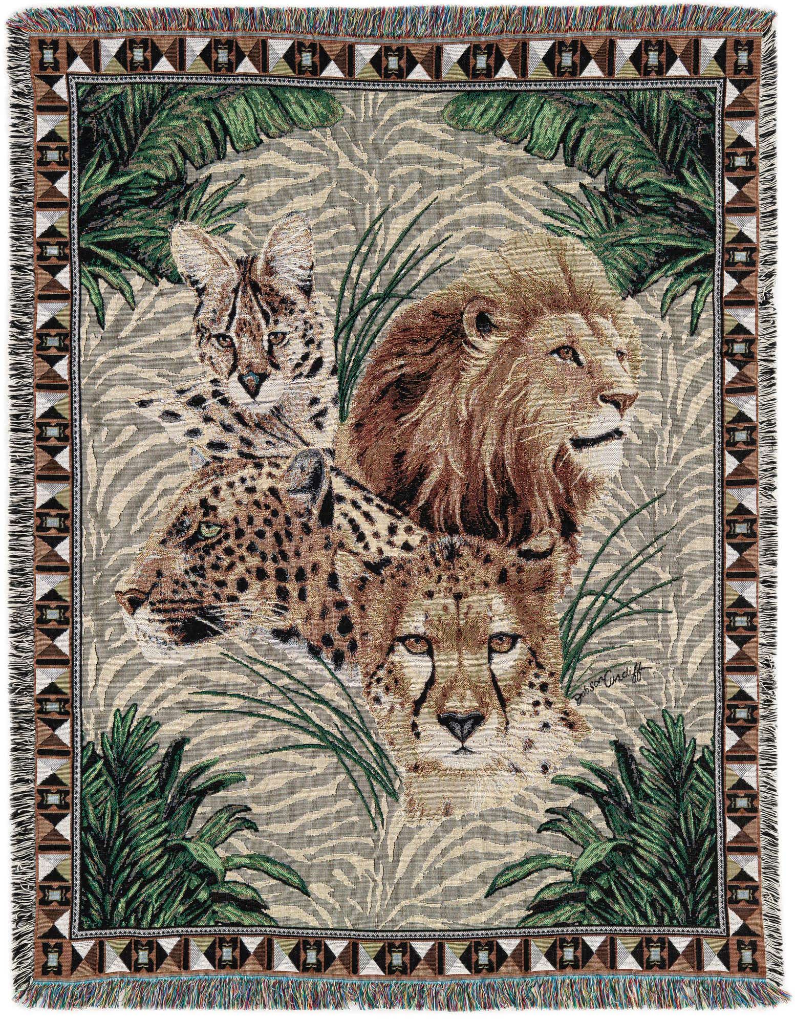 A rectangular 4x6 multi-colored cotton rug featuring a modern pattern of a lion, cheetah, leopard, and serval against a zebra print background with green foliage.