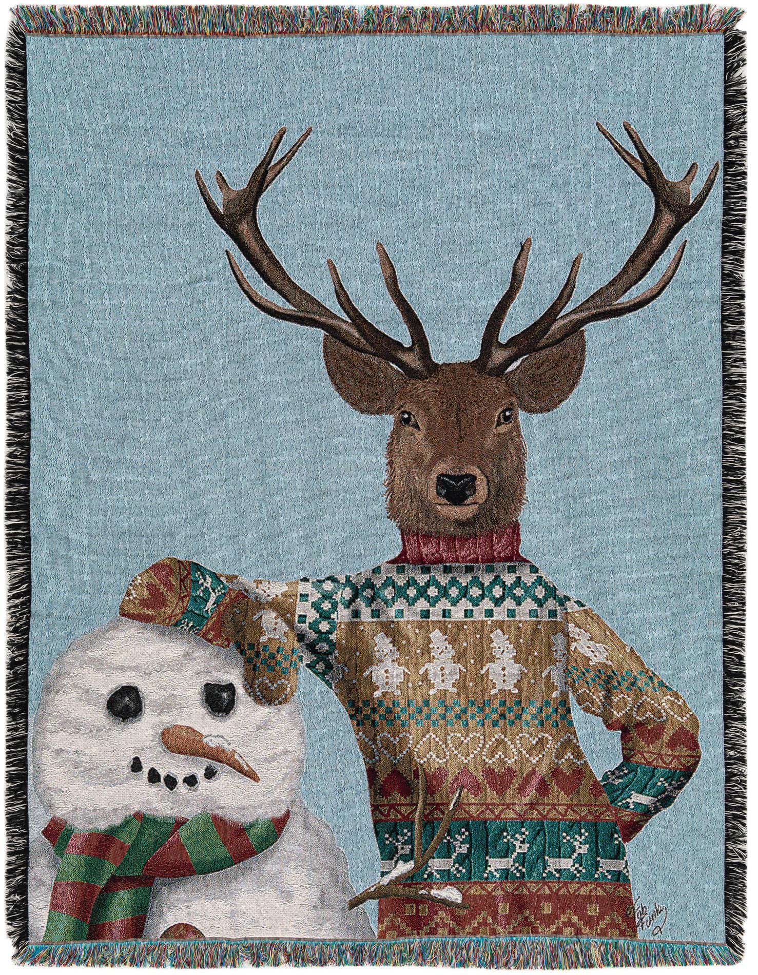 A rectangular 4x6 multi-colored throw blanket featuring a deer in an ugly Christmas sweater with a snowman, set against a light blue background.