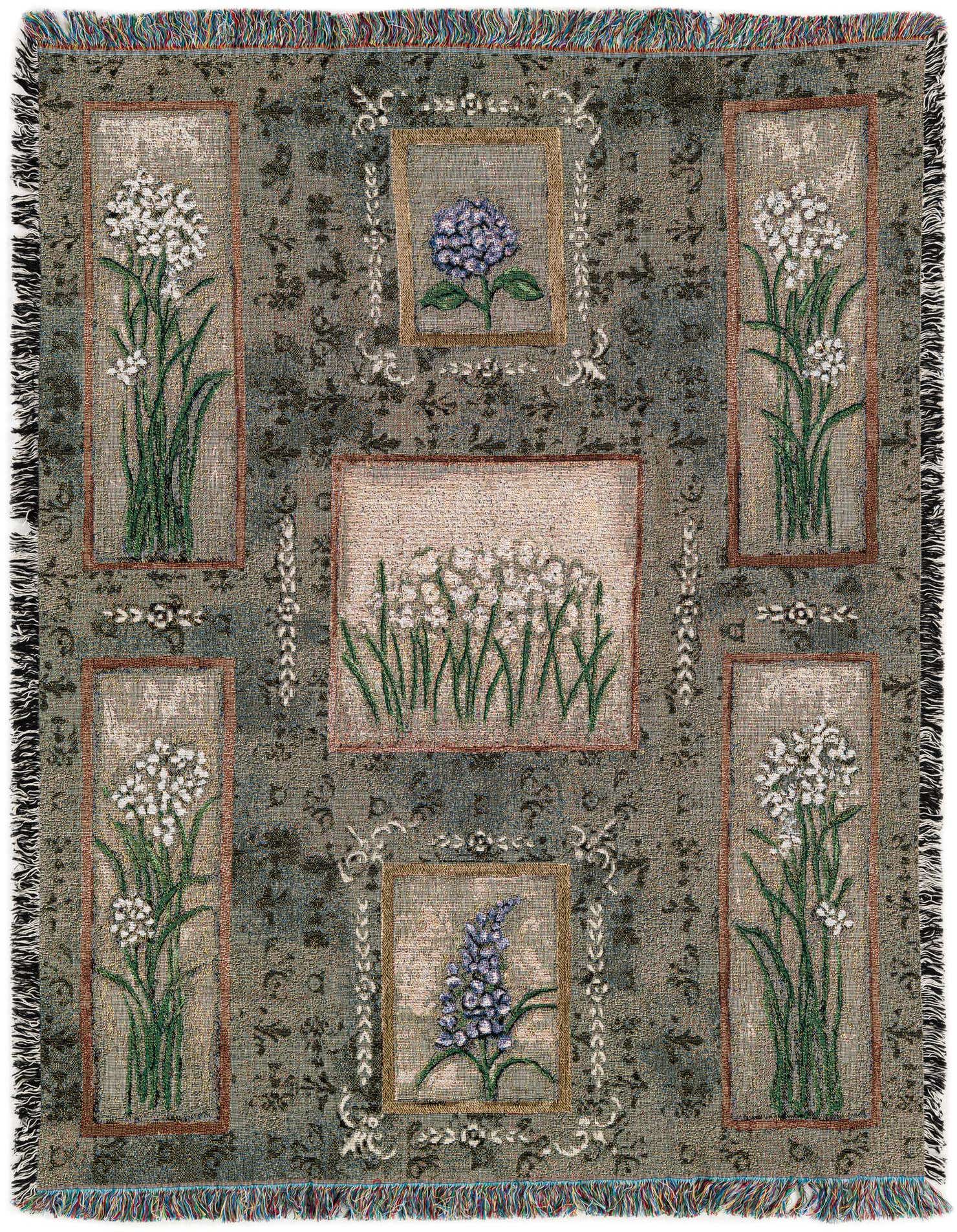 A 4x6 multi-colored rectangular throw blanket with a modern floral pattern, featuring white and purple flowers in framed sections.